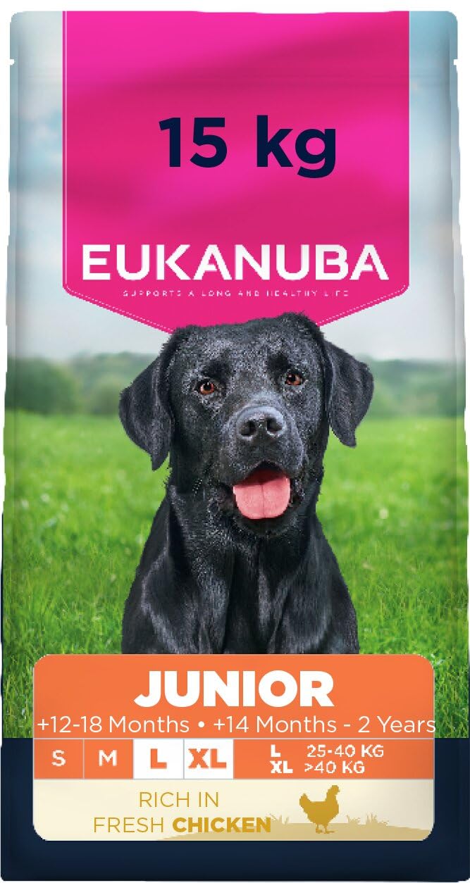 Eukanuba Junior Hundefutter Trocken mit frischem Huhn für große Rassen, Premium Trockenfutter für heranwachsende Hunde, 15 kg