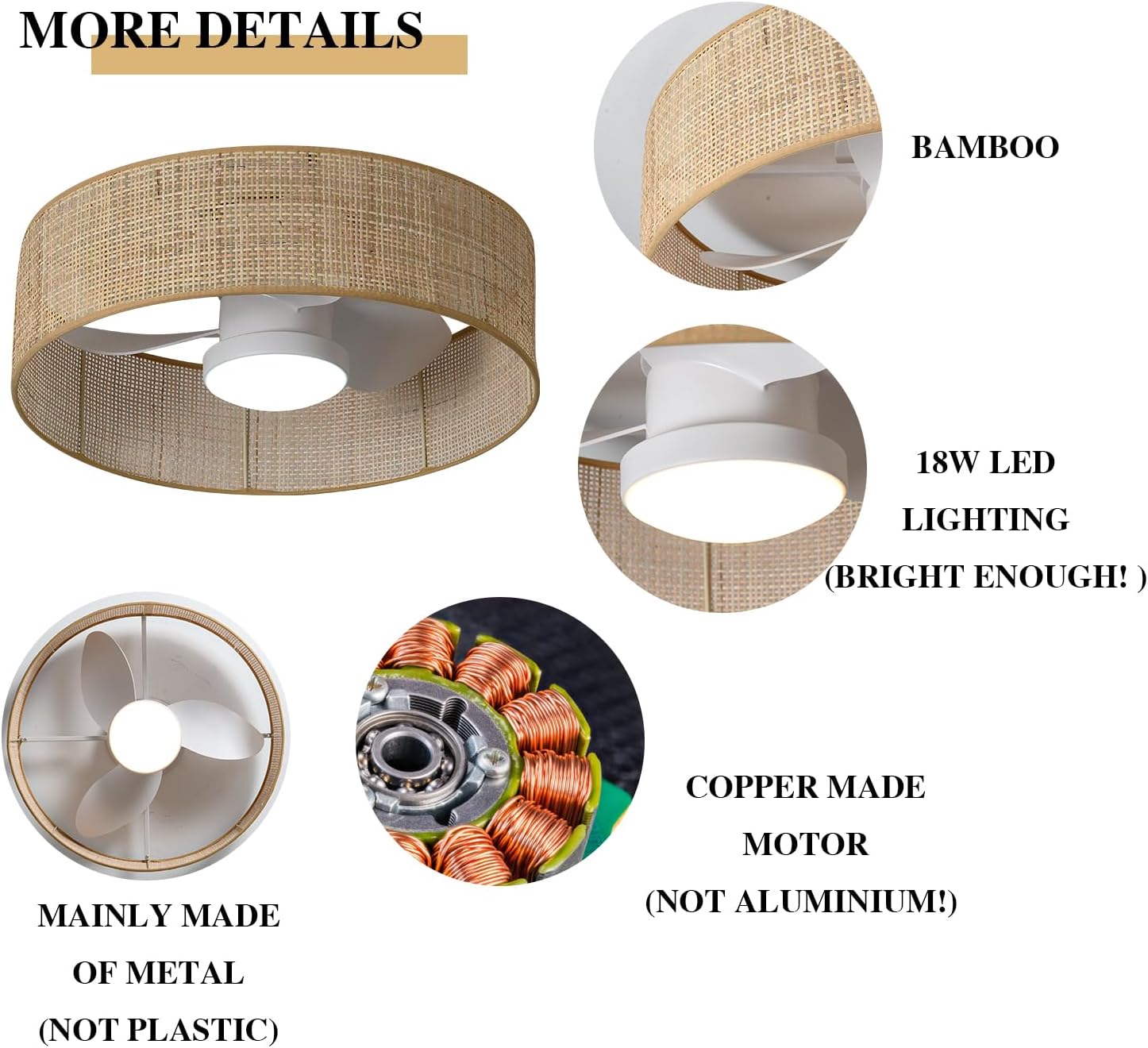Flush Mount Boho Wicker LED Reversible DC Dimmable Ceiling Fan with Light Fixture and Remote Control,Caged Bamboo Round Fandelier for Bedroom Indoor Kitchen Nursery Office Dining Room