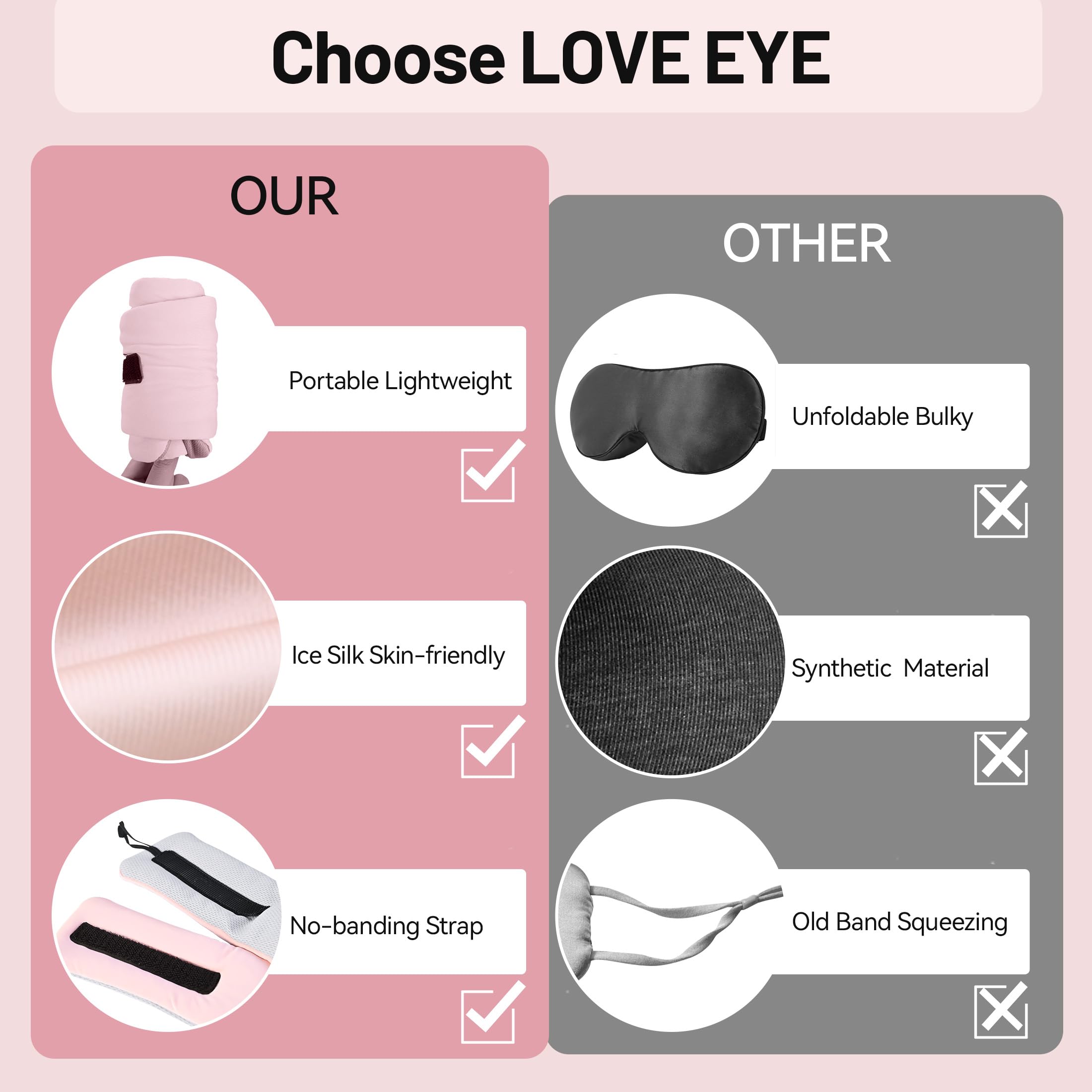 LOVE EYE Máscara de dormir de seda de hielo para dormir de lado, cubierta acolchada de seda de hielo para dormir con banda ajustable, completamente opaca, suave, regalos para hombres y mujeres (rosa)