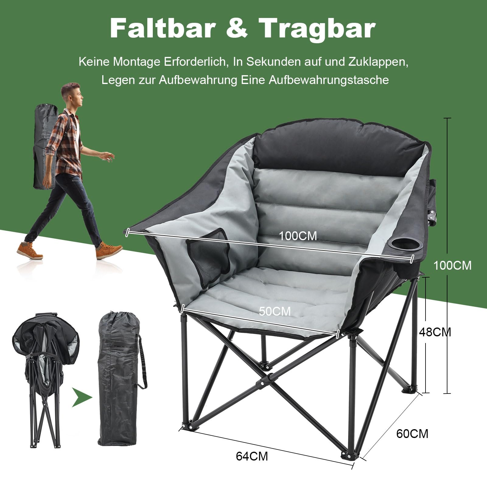 200KG Capacità di carico Sedia da campeggio Pieghevole Casual, Sedia Moon Leggera Pieghevole con Tasca Laterale, Esterno Sedia Portatile per Campeggio/Giardino/Festival/Pesca/Spiaggia