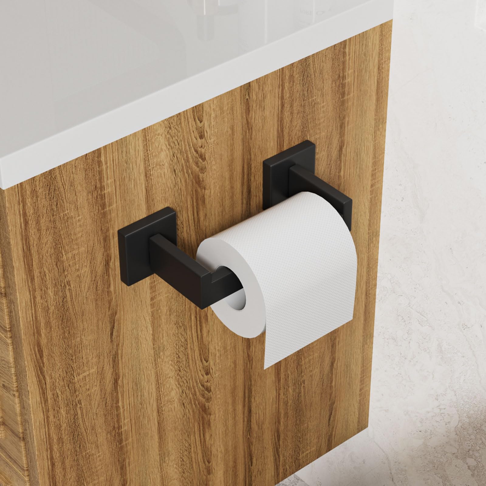 Kroias Toilet Paper Holder Wall Mount Matte Black, Stainless Steel Toilet Tissue Roll Holder Bathroom Square Toilet Paper Towel Roll Holder, Double Post Pivoting Tissue Handle