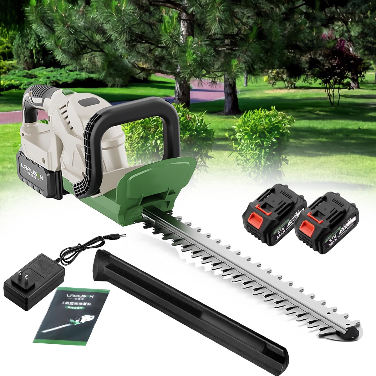 Cortasetos inalámbrico de 21 V, Cortasetos eléctrico con Cuchilla de Doble acción, 3000 RPM, Ligero para un fácil manejo, batería de 3900 mAh y Cargador incluidos.