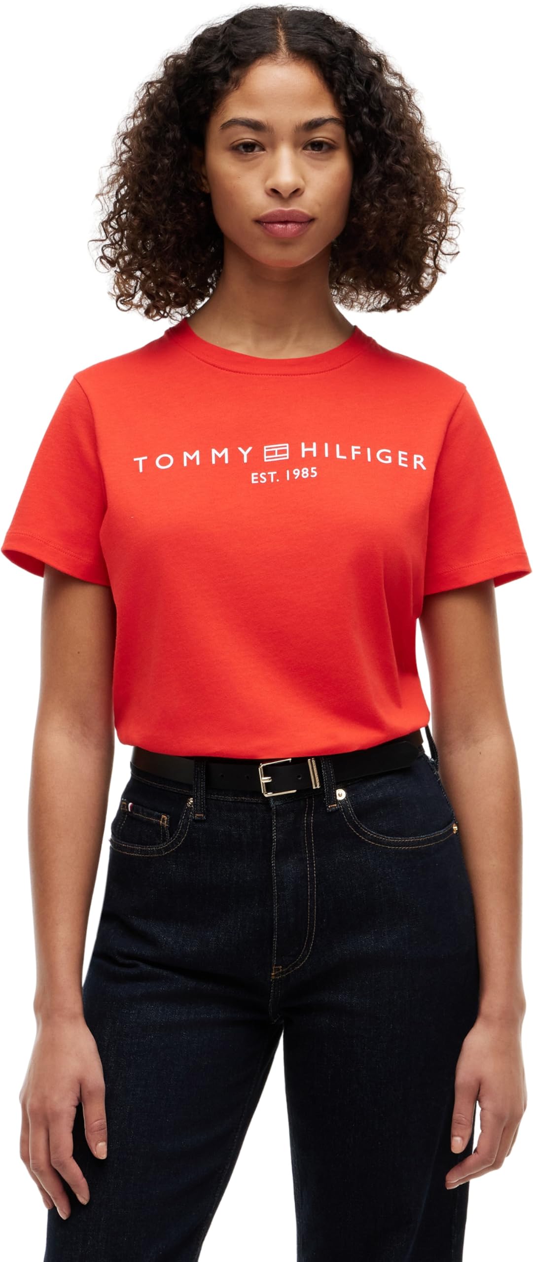 Tommy Hilfiger Damen T-Shirt Kurzarm Logo Rundhalsausschnitt, Rot (Fire Red), L
