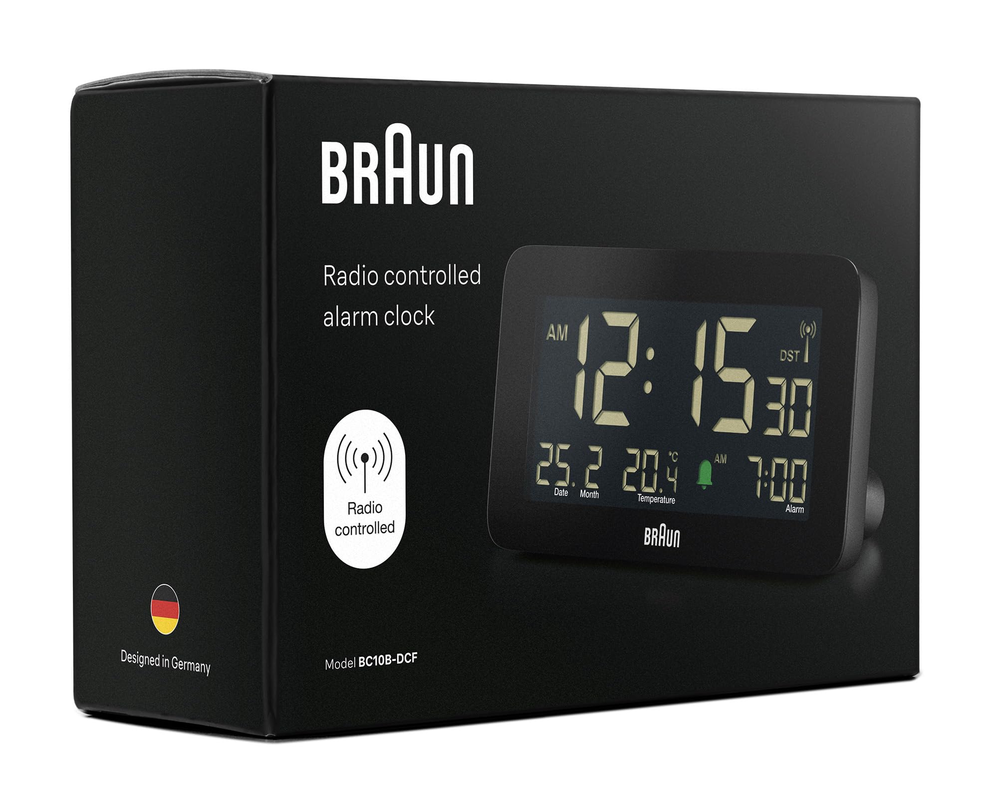 Braun Funk-Digitalwecker für die Mitteleuropäische Zeitzone (DCF) mit Datums-, Monats- und Temperaturanzeige, Negatives LCD-Display, Schnelleinstellung, schwarz, Modell BC10B-DCF