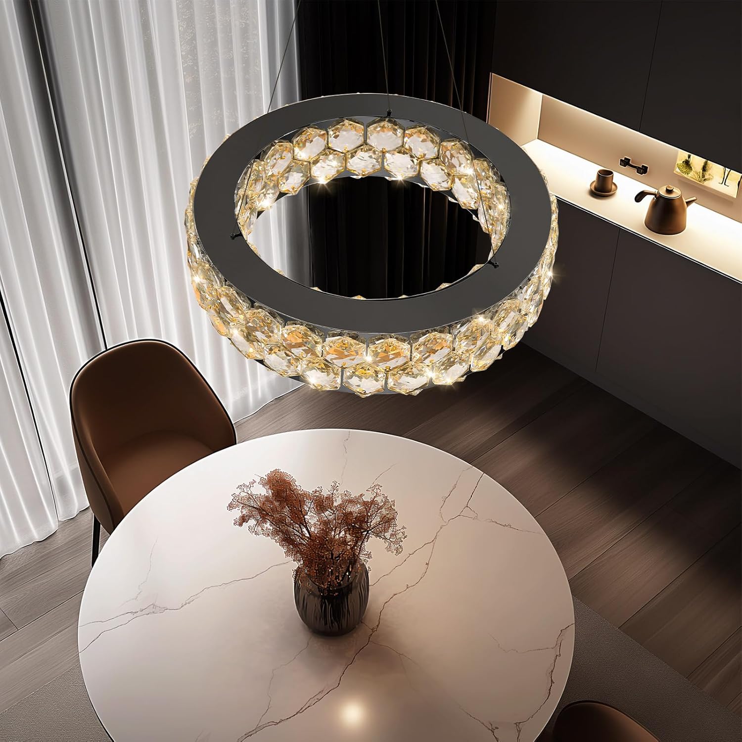 Crystal Chandeliers Modern Rings Pendant Light LED Dimmable Ceiling Light for Bedroom Dinning Room Kitchen Black