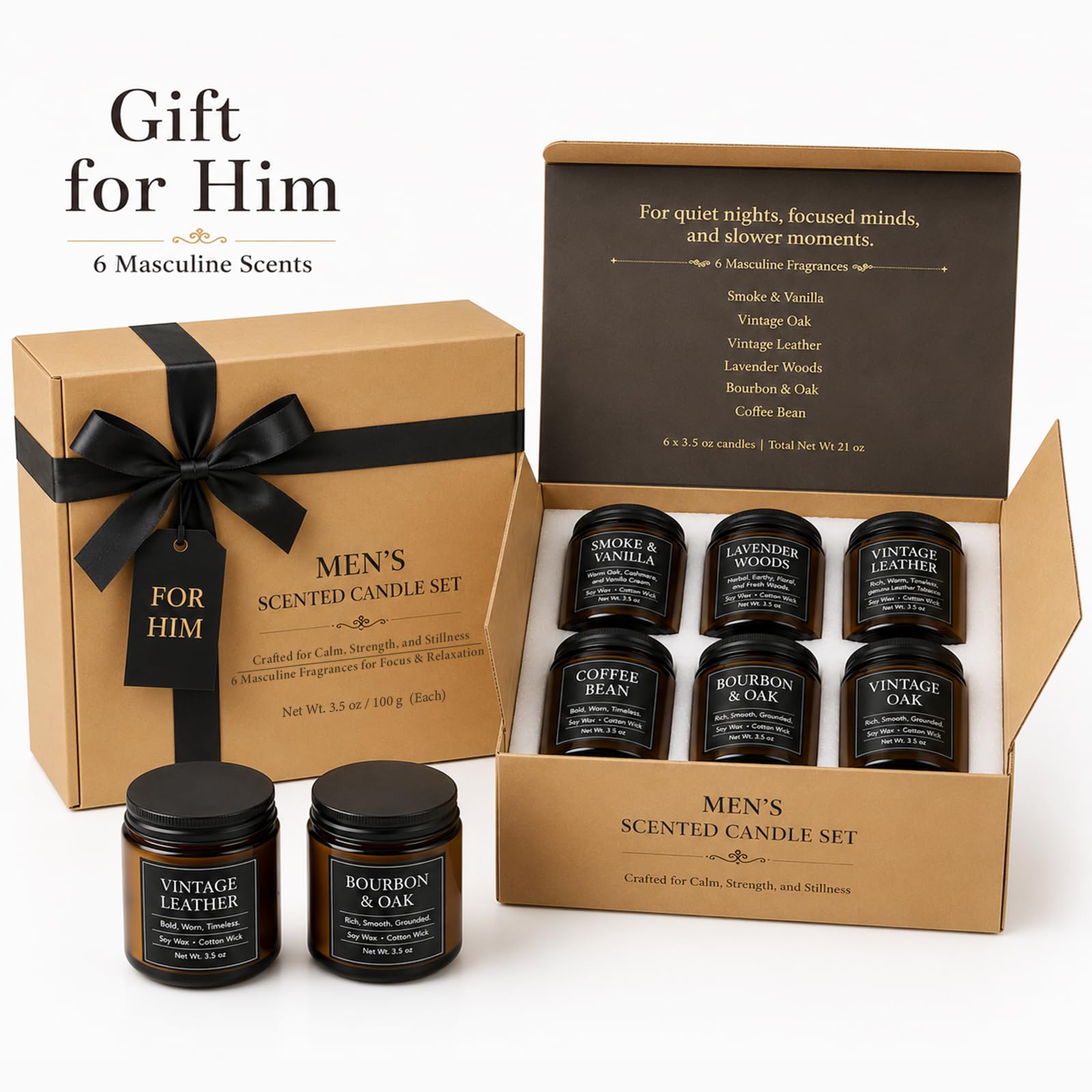 Juego de velas para hombre, 6 velas de soja perfumadas de 100 g para el hogar, velas de aromaterapia masculina, juegos de regalos para cumpleaños, día del padre, aniversario, Navidad, hombres