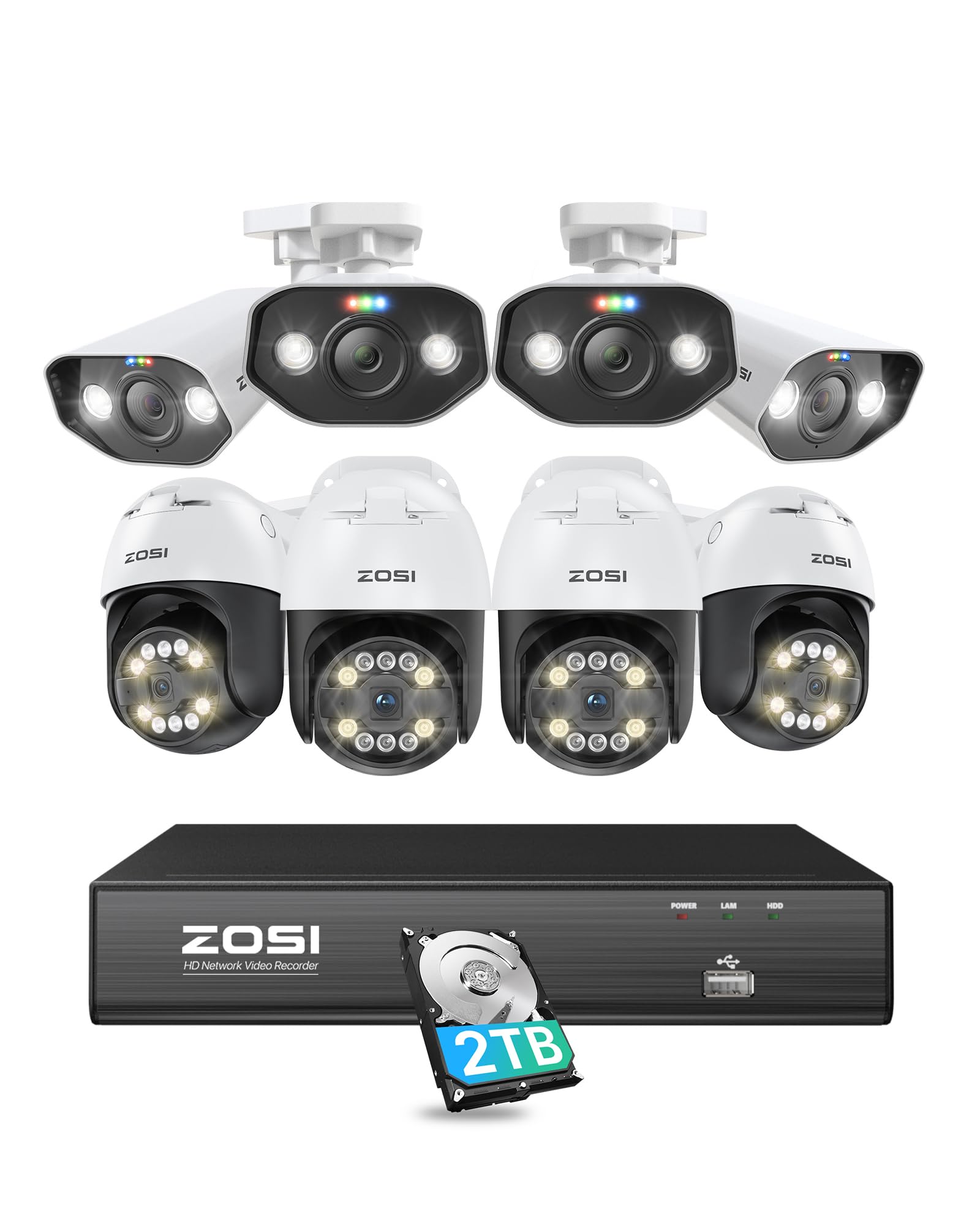 ZOSI 8CH 4K PoE Security Camera System with AI Human Face Vehicle Detect, 8MP 4K 8CH NVR (16CH Expandable) with 2TB HDD for 24-7 Record, 8 X 4K PoE IP Bullet Dome Camera, 2-Way Talk, 5X Digital Zoom