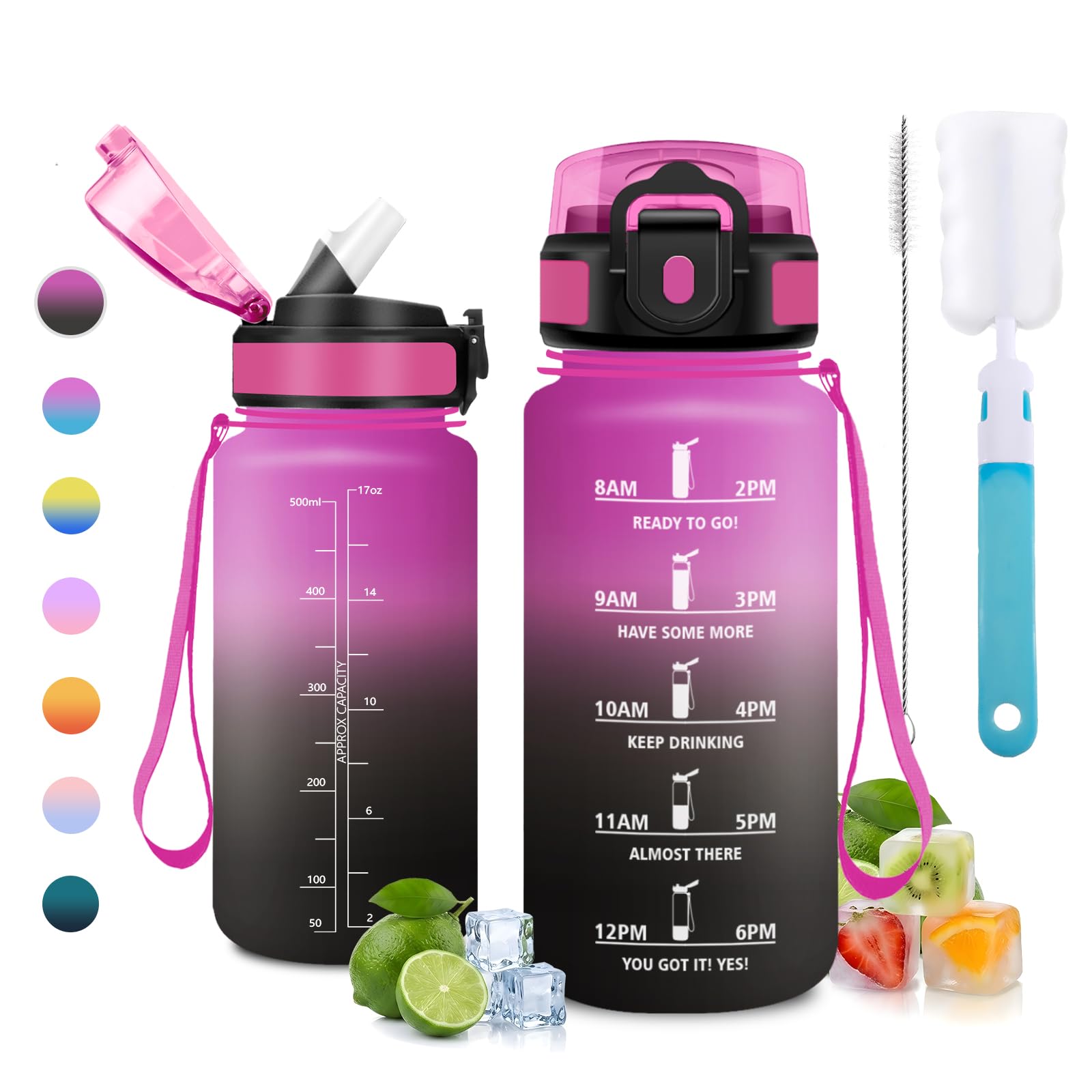 JAPORIA 500ml Water Bottle, Leak Proof, Drinking Bottle with Straw, Water Bottle with Time Markers, Reusable, Water Bottles for School, Camping, Travel