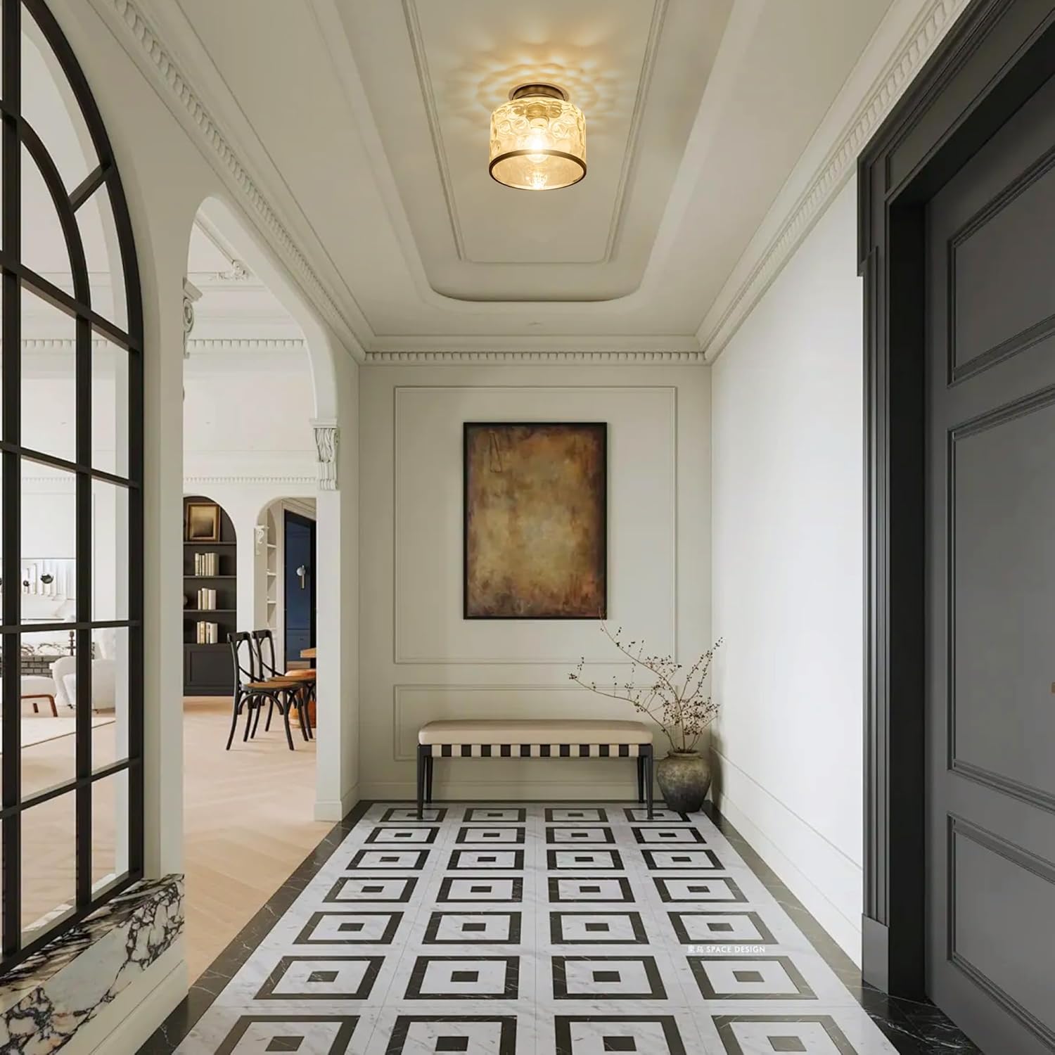 Zlepmlla Glass Ceiling Light, Black Semi Flush Mount with Hammered Glass Shade, Farmhouse Light Fixture for Hallway, Bathroom, Entryway, Kitchen,Living Room