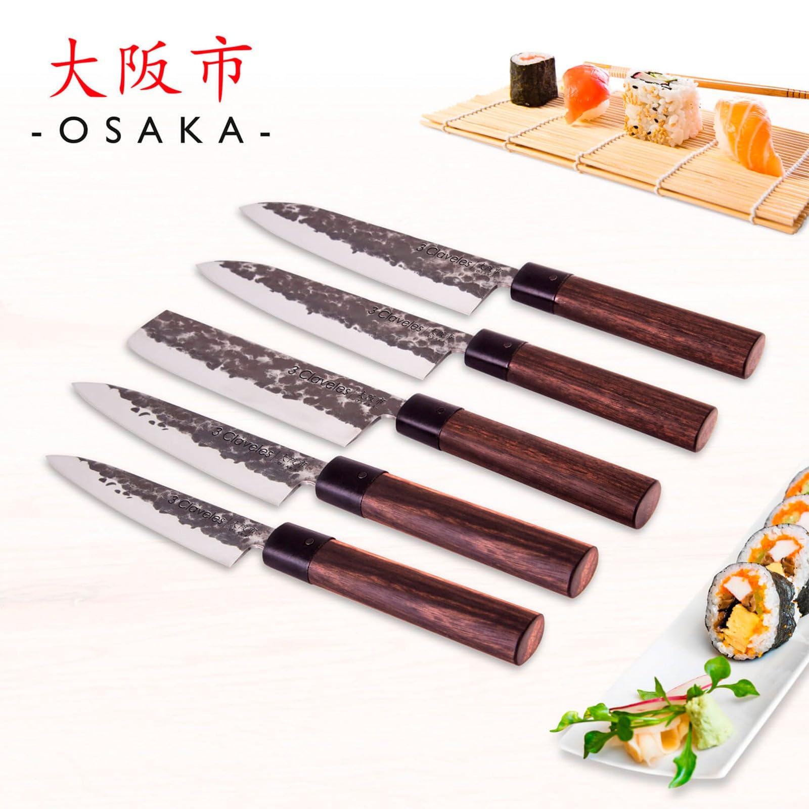 3 Claveles Juego de 5 Cuchillos Profesionales Estilo Japonés Gama Osaka, Hojas Unicas Forjadas a Mano