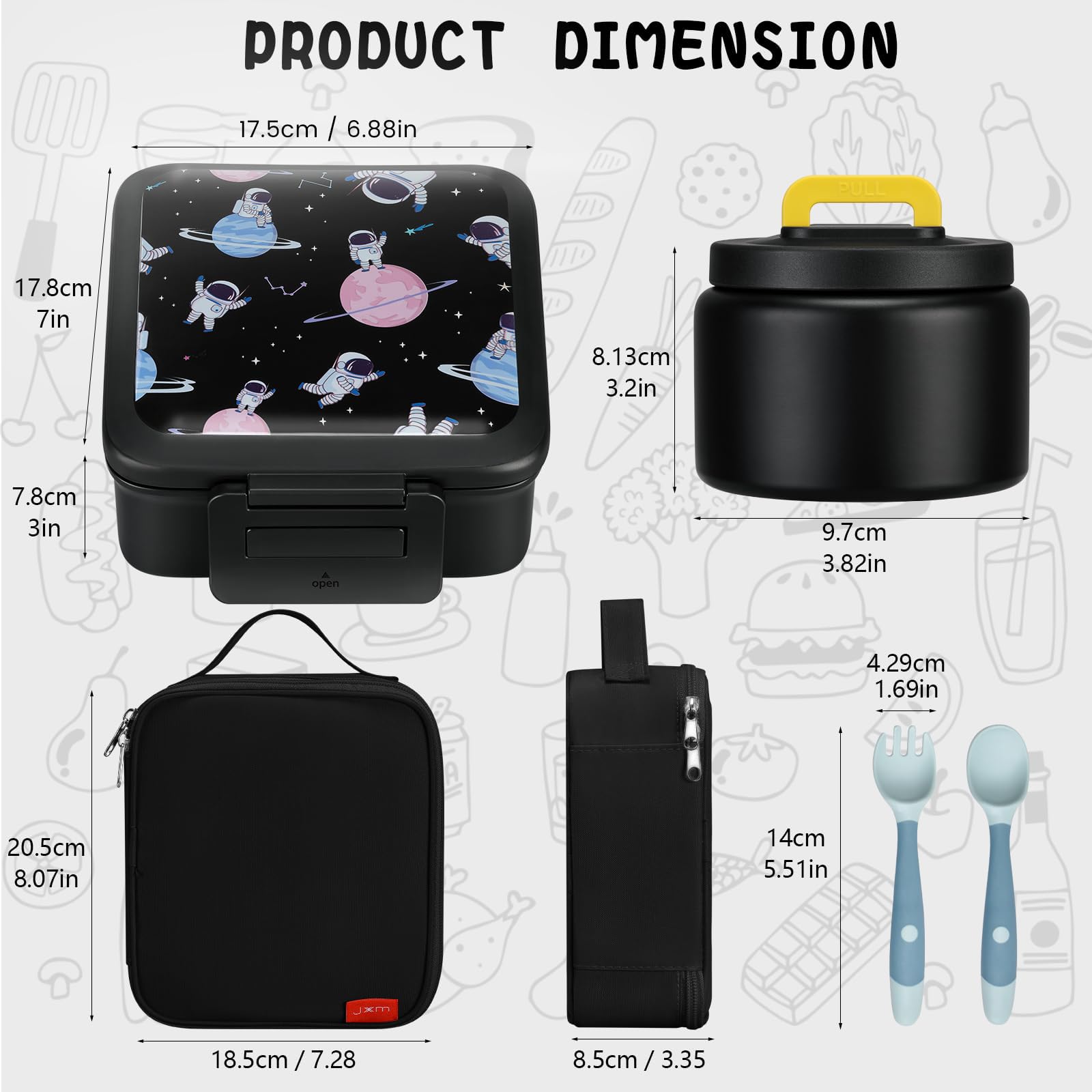 JXXM Lonchera Bento para niños con sopa térmica de 8 onzas, recipientes de almuerzo a prueba de fugas con 5 compartimentos, tarro térmico de alimentos y bolsa de almuerzo, contenedores de alimentos