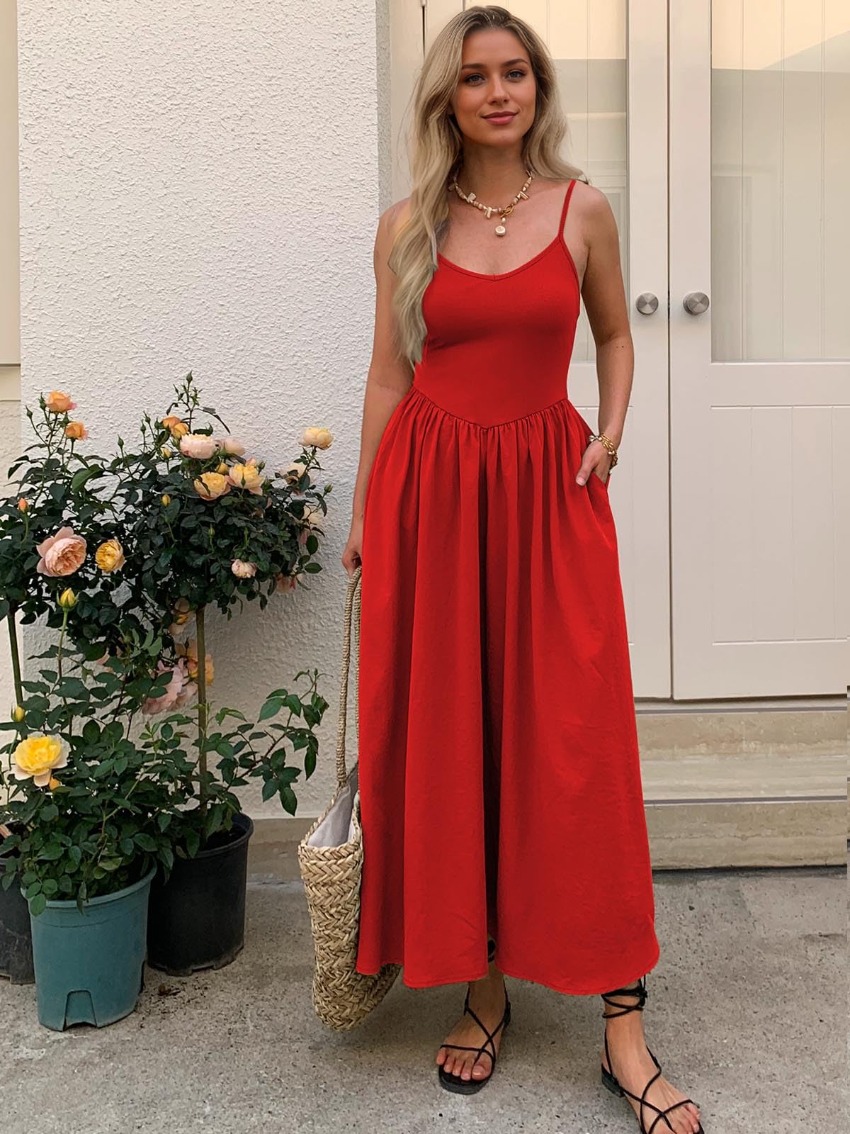 Mieazom Vestido largo sin mangas con cuello en V y bolsillos para mujer, corte entallado, casual, de verano, con tirantes delgados, para vacaciones