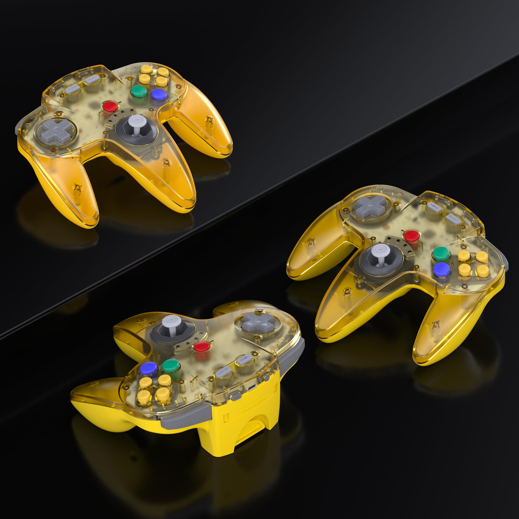 Paquete de 2 interruptores inalámbricos N64 de 2.4 GHz, receptor USB, compatible con Windows, PC, portátil, iOS, Mac, Raspberry Pi, Switch Online/NSO (recargable) (Rumble integrado), amarillo