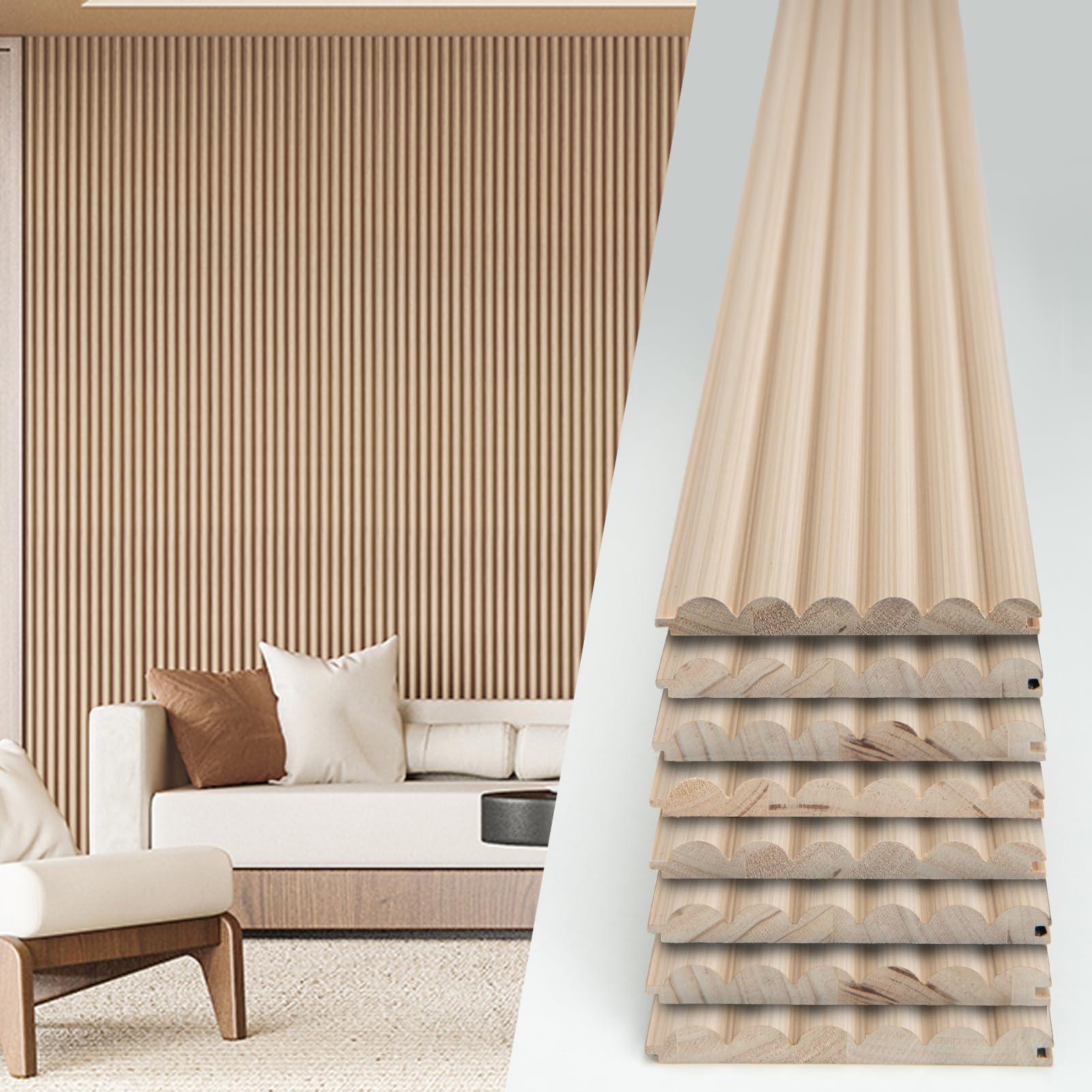 art3d fluted wood panel - 108 x 5.7 x 0.7in for wall & ceiling, beaded accent molding for home decoration, pack of 8pcs + 1pc end-trim, beaded ashtree