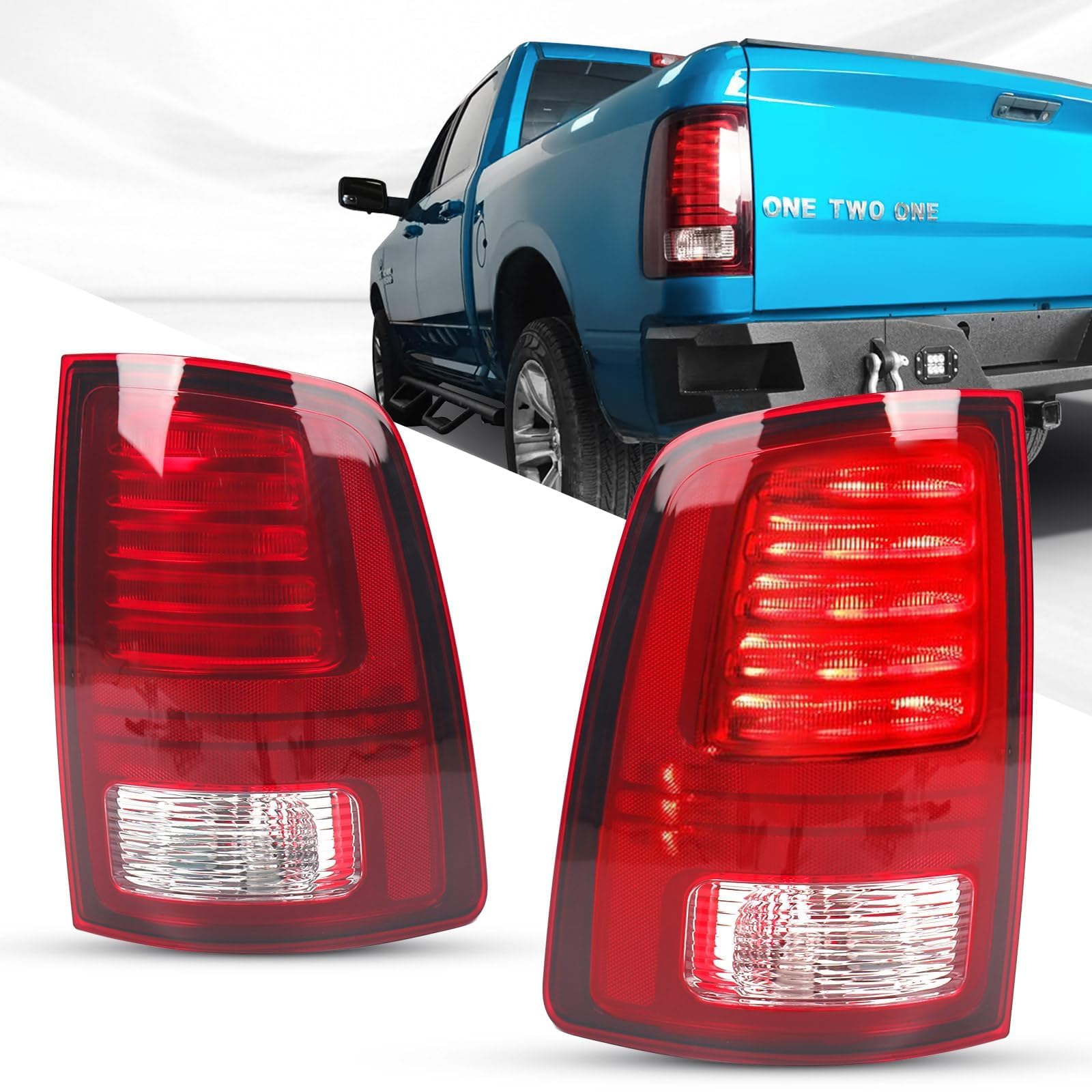 FIONE Tail Lights Compatible with Dodge Ram 1500 2013-2018 & 2013-2018 2500 and 2014-2018 3500 Halogen Type & Red Lens Black Interior With Bulbs Right