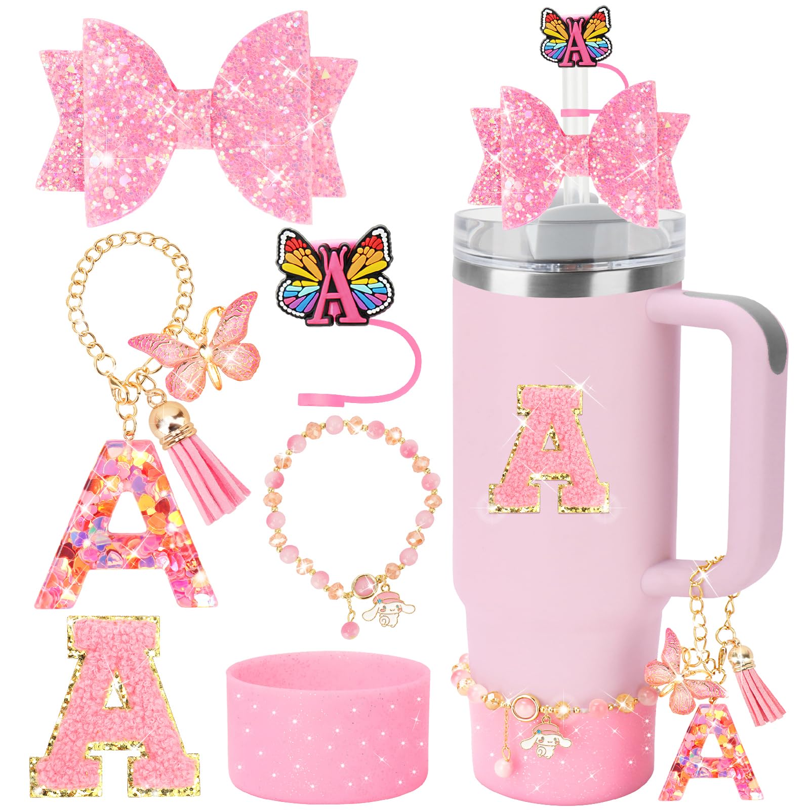 Initial Cup Accessories Set For Stanley 30oz 40oz Cup,Including Butterfly Letter Straw Cover, Bow Decorations, Letter Sticker,Crystal Bracelet,Handle Letter Charm and Silicone Boot-6pcs
