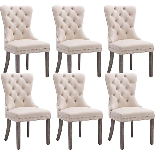 KCC Velvet Dining Chairs Set of 6, Upholstered High-end Tufted Dining Room Chair with Nailhead Back Ring Pull Trim Solid Wood Legs, Nikki Collection Modern Style for Kitchen, Beige