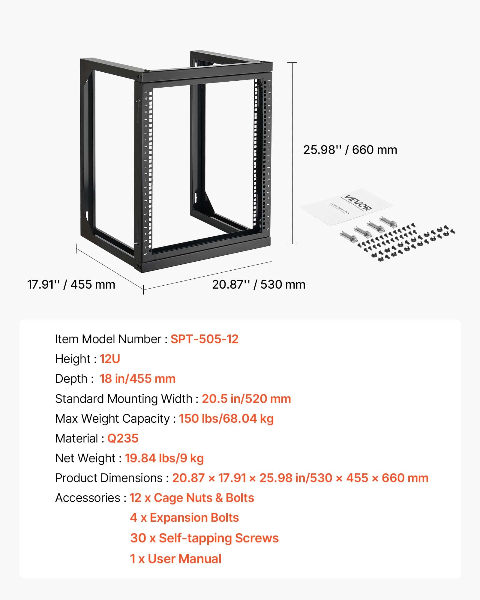 VEVOR Regał serwerowy 12U do montażu ściennego, maks. nośność 68 kg, regał sieciowy z otwartą ramą z huśtawką bramkową 180 stopni, stal węglowa, do urządzeń sieciowych IT i urządzeń AV, serwer