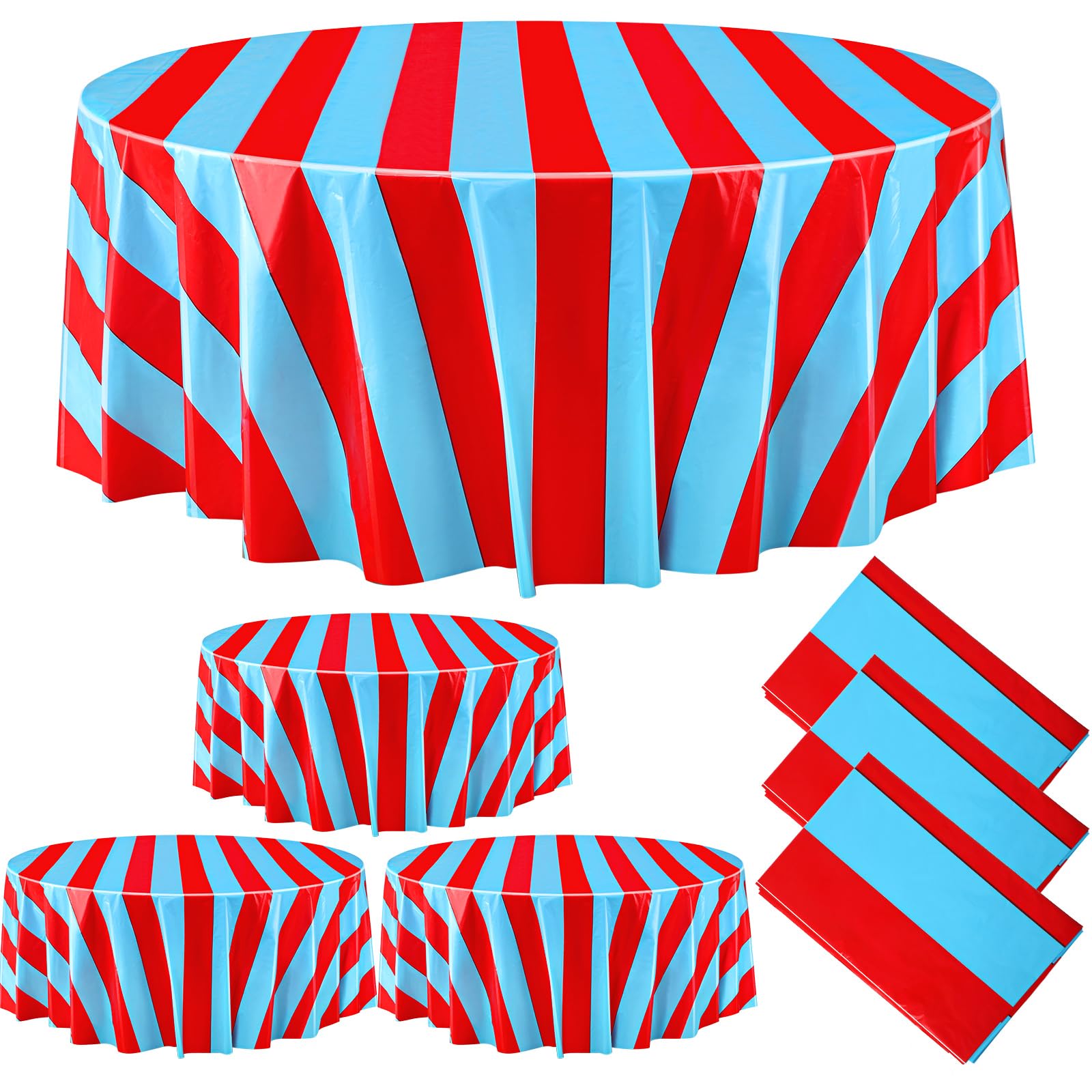 Tatuo 3 Pcs Red and Blue Round Circus Table Cloth 84 Inch Carnival Circus Tablecloths Striped Disposable Plastic Table Cover for Birthday Party Fiesta Theme Decorations Supplies