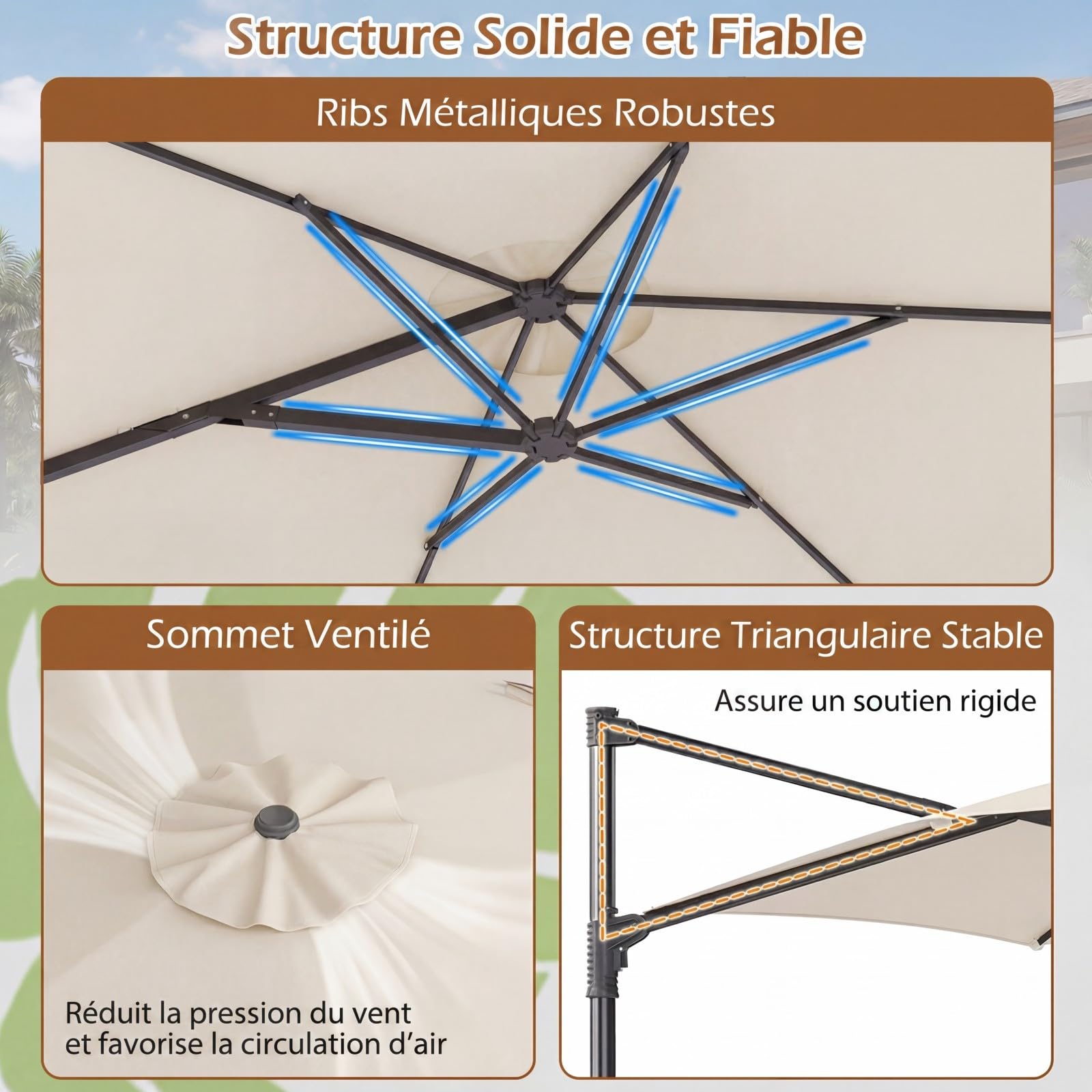 COSTWAY Parasol de Jardin Extérieur, Parasol Déporté Hexagonale avec Rotation 360° Réglable, Socle en Croix, Amovible, Support Métallique, Protection Solaire, pour Balcon, Patio, Terrasse (Beige)