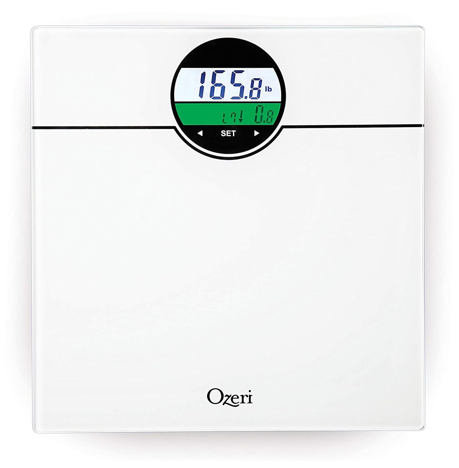 Ozeri ZB21-W scale display showing green illumination for weight loss