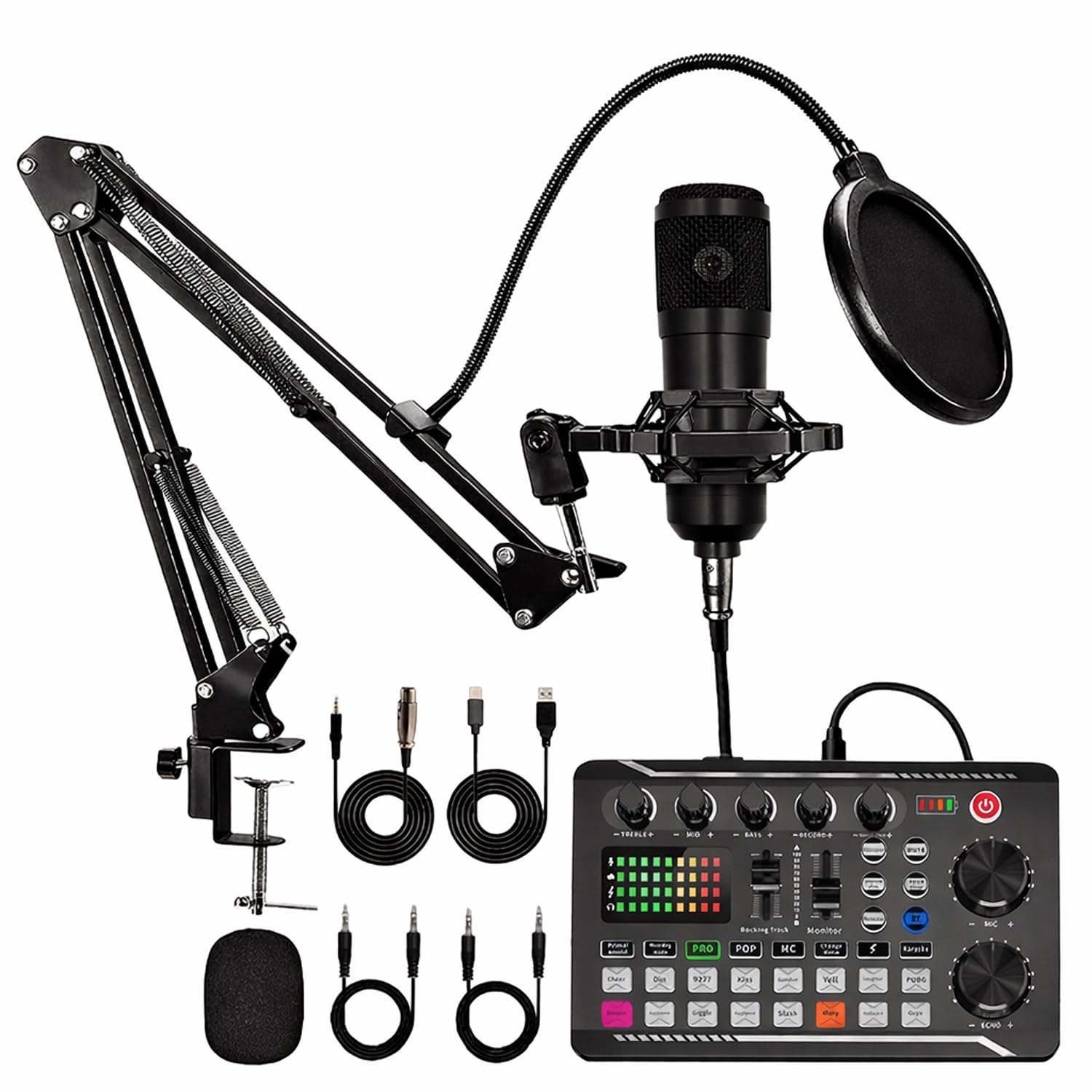 Paquete De Equipo Para Podcast, Cambiador De Voz Con Micrófono Para Podcast, 16 Efectos De Sonido, 7 Modos De Grabación De Voz, 4 Efectos De Voz, Para Podcasting, Grabación Y Canto. Black