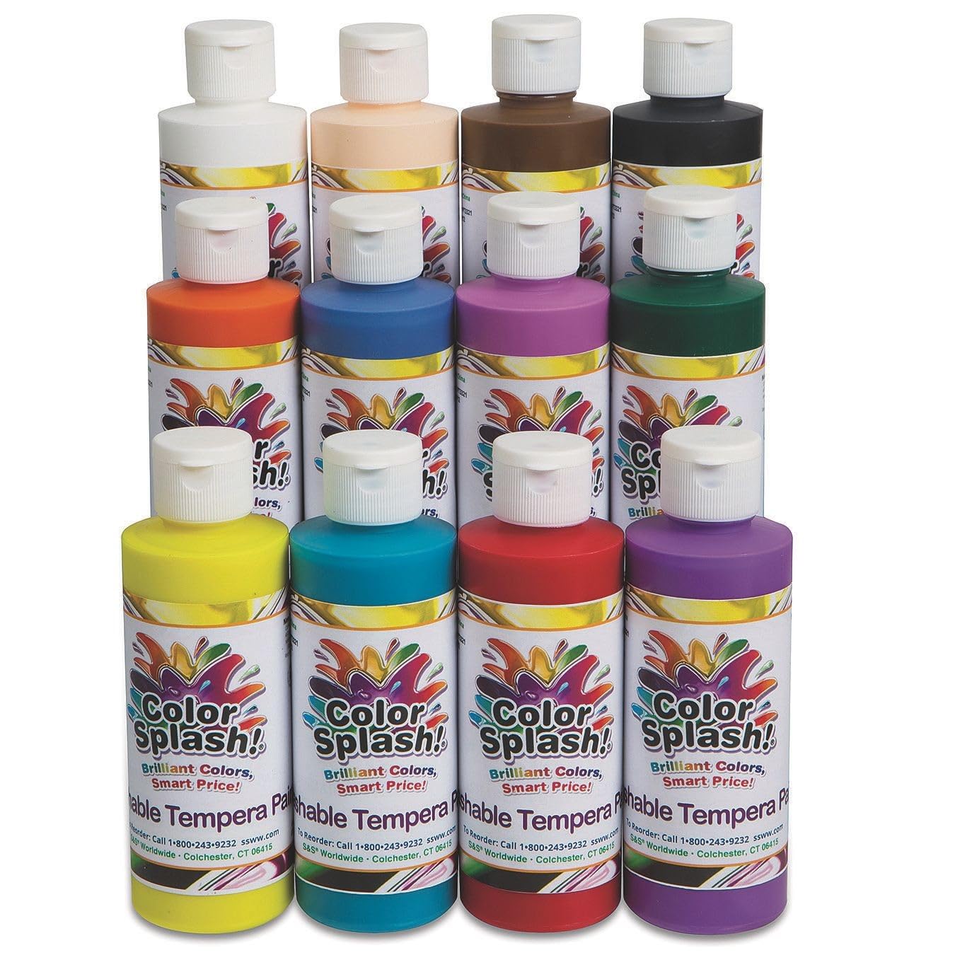 S&S Worldwide Color Splash!® Washable Tempera Paint Set of 12, 8 oz., Assorted Colors (Non-Toxic)