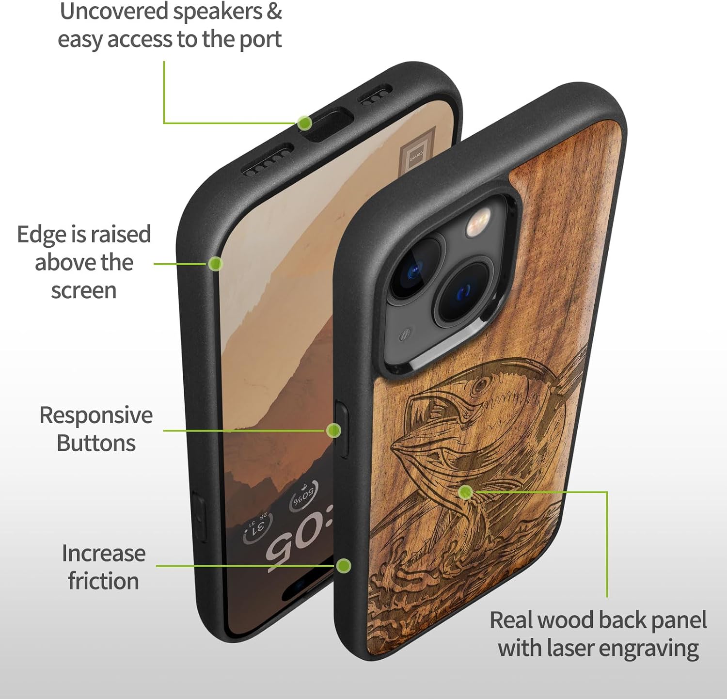 Carveit Magnetic Wooden Case for iPhone 15 Case, Compatible with MagSafe Wireless Chargers, Black Soft TPU Shockproof Cover & Wood Artisan Engraved (The Tuna's Soar) - Walnut