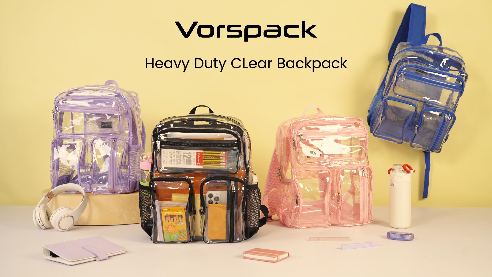 Vorspack Heavy Duty Clear Backpack - Large Transparent Bookbag For School, Work, Travel & Festivals (Pink)