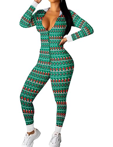 Ekouaer Christmas Onesie Women Sexy Pajamas Zipper Halloween Onepiece Bodycon Outfit Jumpsuit Costume S-XXL - Small - Christmas Stockings