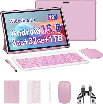 10 inch Tablet 2 in 1 Android 15 Tablets with Keyboard, 10" Tabletas Include Mouse Keyboard Stylus Case, 6000mAh 8GB RAM 32GB ROM Support 1TB Expandable Tableta Dual Camera 5G WiFi-6 Bluetooth Tablet