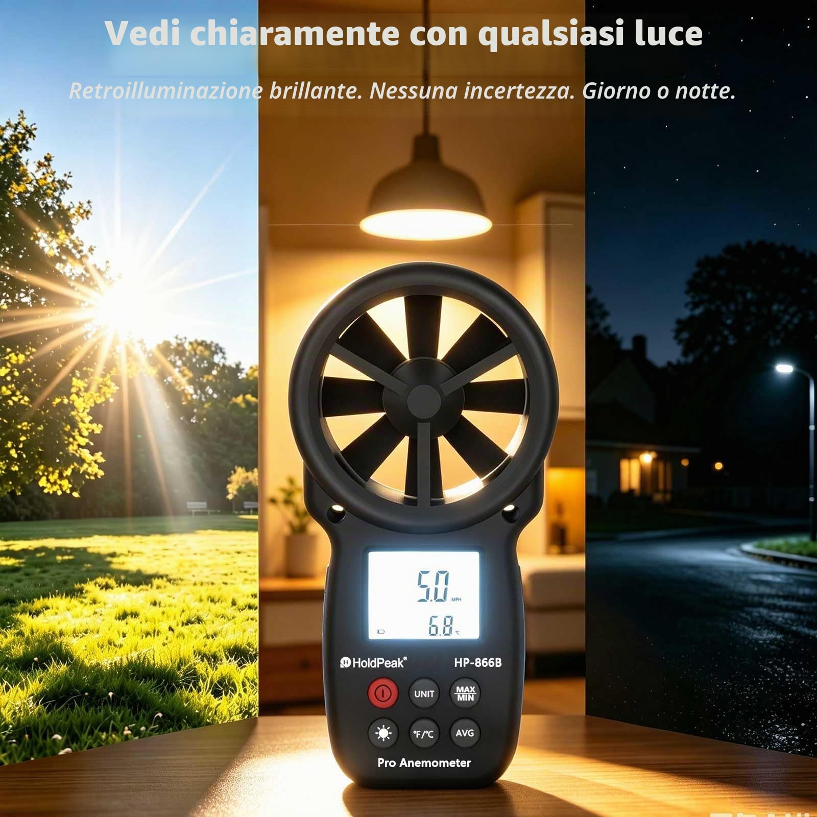 HoldPeak Anemometro Digitale 866B, Misuratori del Vento,Temperatura del Vento,Max/Min,LCD Retroilluminato,qualità dell'Aria e del Flusso d'Aria per Windsurf,Kitesurf,Vela,Surf,Pesca