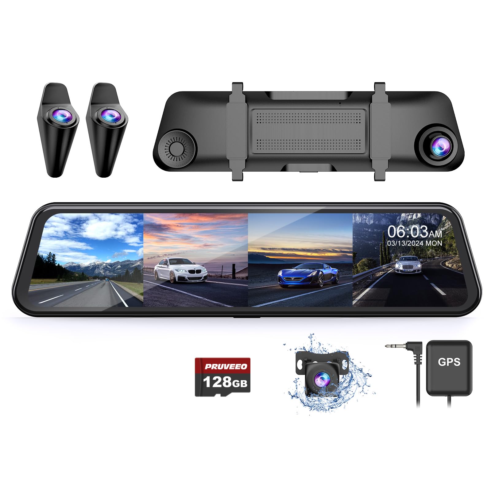 PRUVEEO 12'' Rear View Mirror Camera,360 View 4 Channel Mirror Dash Cam Detached Camera for Cars,FHD1080Px4,Dash Cam Front and Rear Side(Left,Right),Night Vision,GPS,Parking Monitor,Free 128GB Card