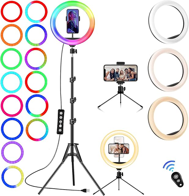 Ring Light with Tripod Stand & Phone Holder - 10 inch Selfie LED Ringlight Dimmable Desktop Lamp 40 Colors RGB Tall Circle Light for Camera Makeup Video YouTube TikTok Live Streaming Zoom Meeting