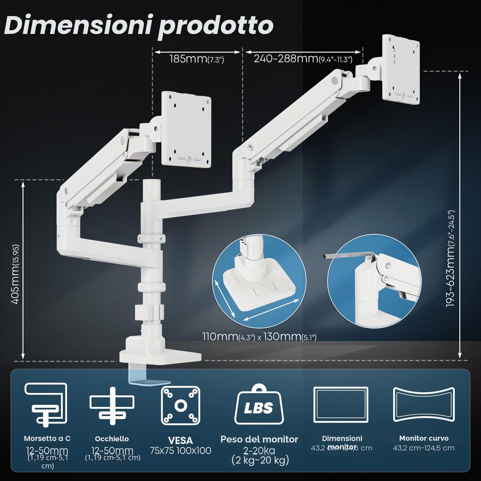 PUTORSEN Supporto per monitor 2 monitor per schermo piatto e curvo da 17 – 49 pollici, molla a gas doppio monitor, regolabile in altezza, orientabile, capacità di peso 2 – 20 kg per braccio