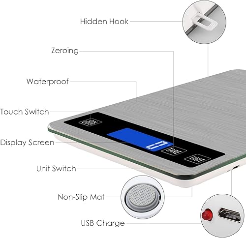 Miniatura 2 de Báscula digital de cocina recargable de 22 libras  22.0 lbs con división de 0.04 onzas0.04 oz, sensor táctil, pantalla LCD retroiluminada, báscula