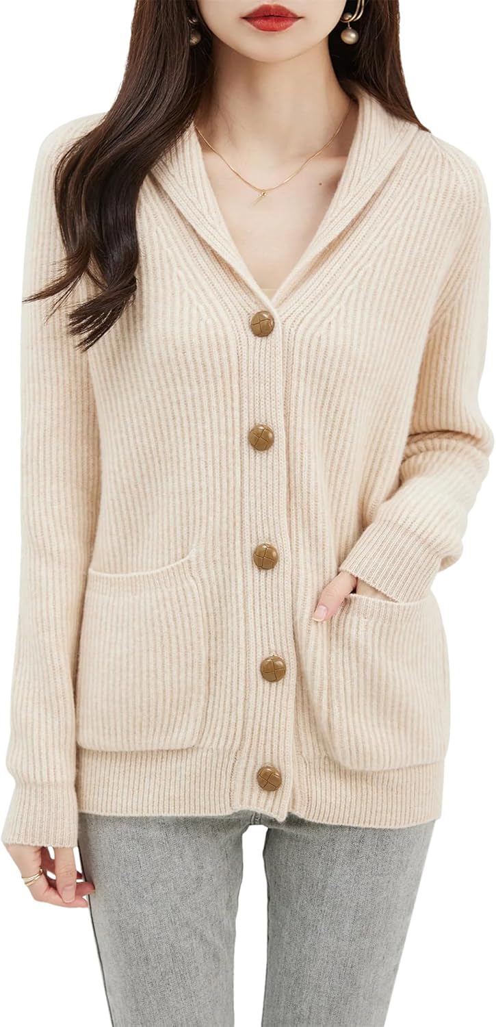 レディース ウール カーディガン セーター 冬 暖かい ソフト カジュアル V ネック 長袖 ニット セーター