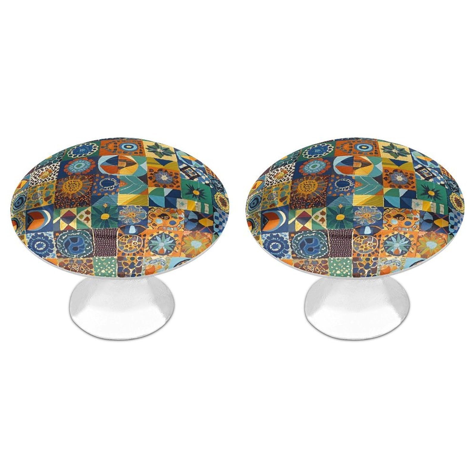 FekiLoot Round Cabinet Knob 2 Pack Kitchen Drawer Knobs Stainless Steel Round Drawer Pulls Modern Cabinet Hardware African Style Patchwork Drawer Hardware for Dresser Closet Door Knobs