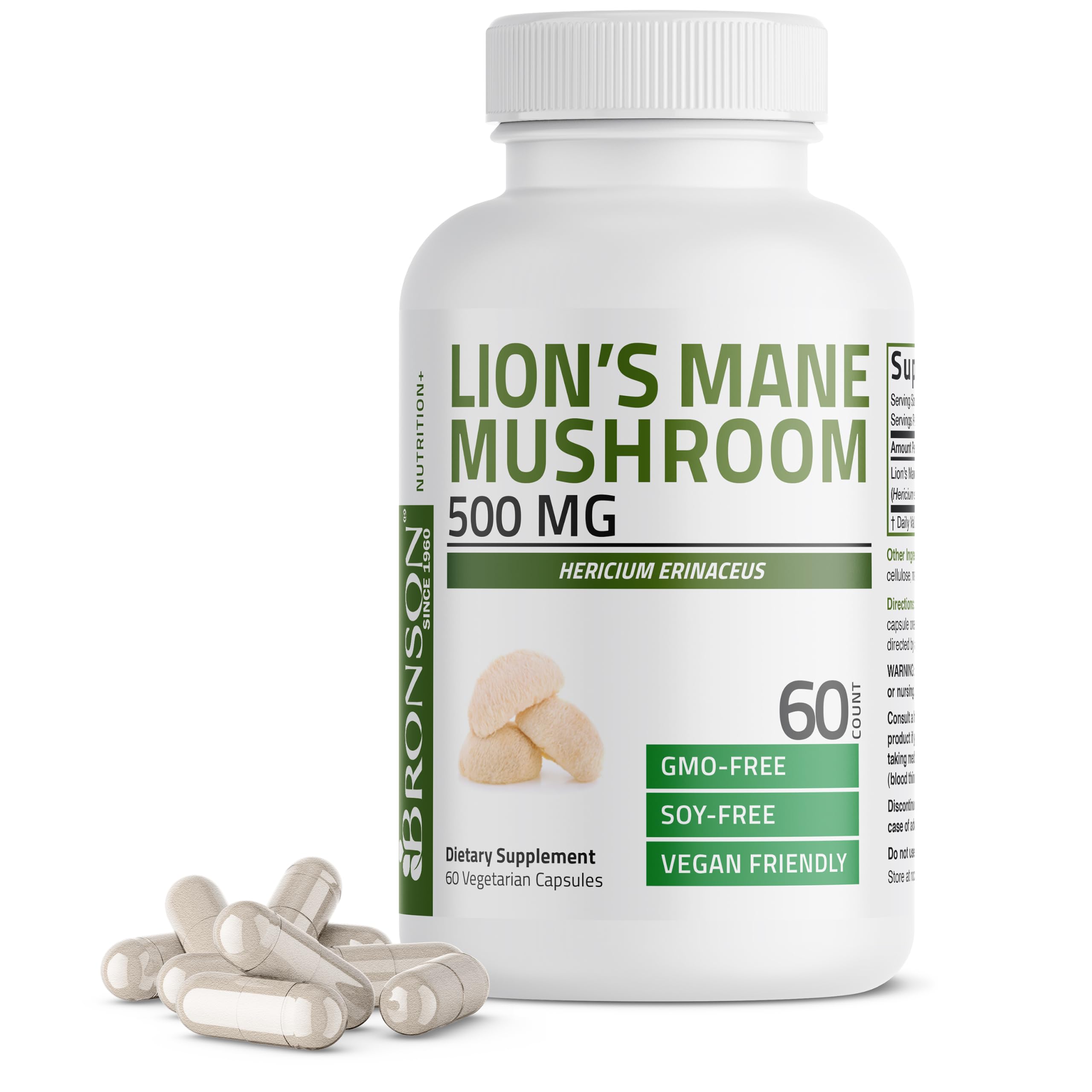 Bronson Lion's Mane Mushroom 500mg Hericium Erinaceus Non-GMO, 60 Vegetarian Capsules 60 Count (Pack of 1)