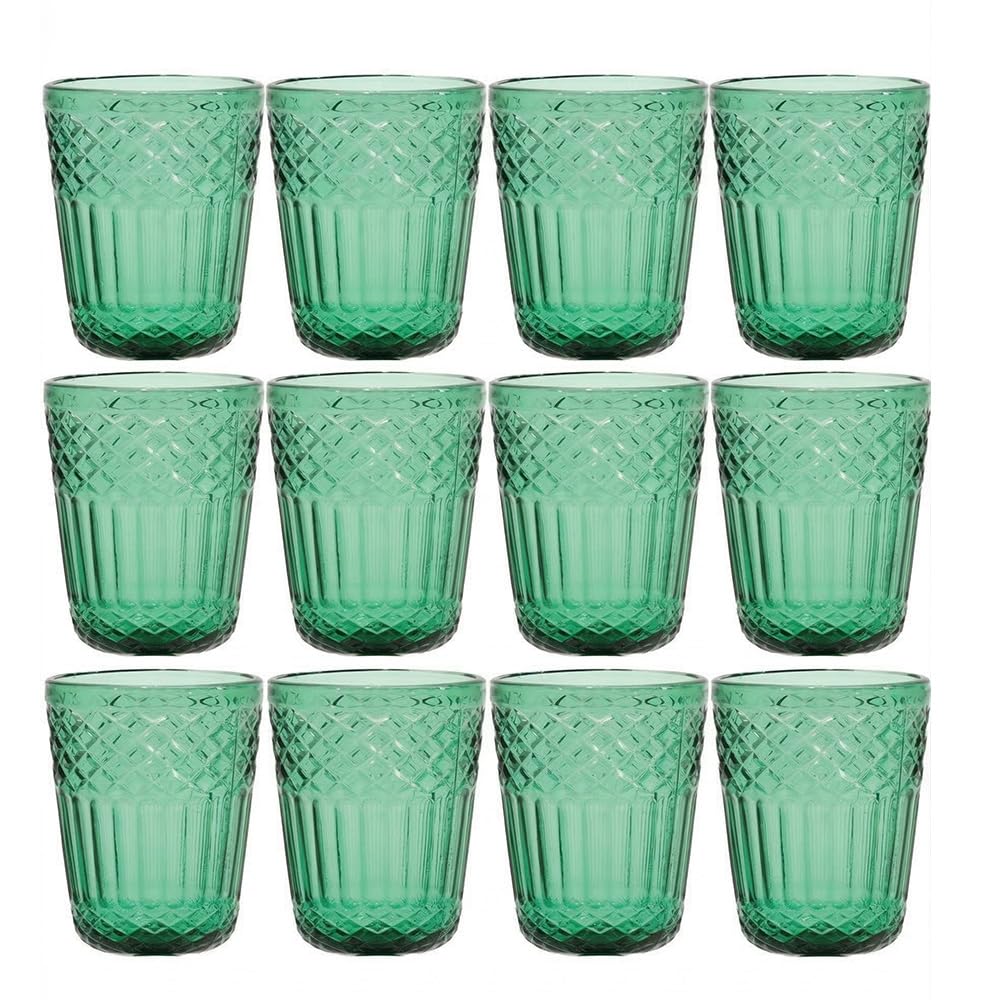 Set 12 Bicchieri Acqua in Pasta di Vetro Colorato Verde Antico 30cl con Lavorazione a Rilievo e Decoro imperiale Stile Vintage per Casa e Ristorazione eleganzae particolarita' per una tavola speciale