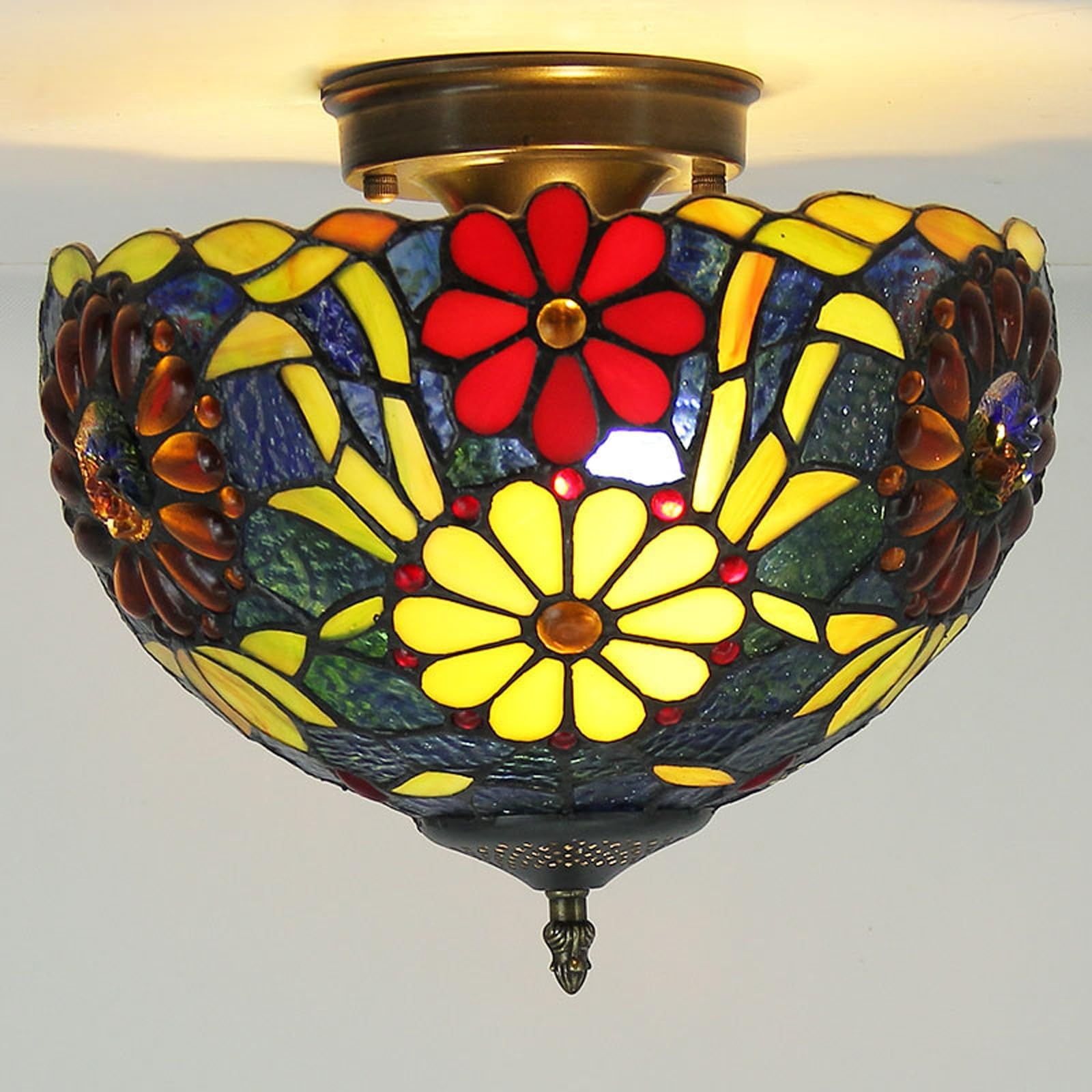 WDBZTJ Tiffany Style Ceiling Light Flush Mount, 12 inch Stained Glass Ceiling Lamp, E27 Bulb, Vintage LED Chandeliers for Living Room Bedroom(D1)