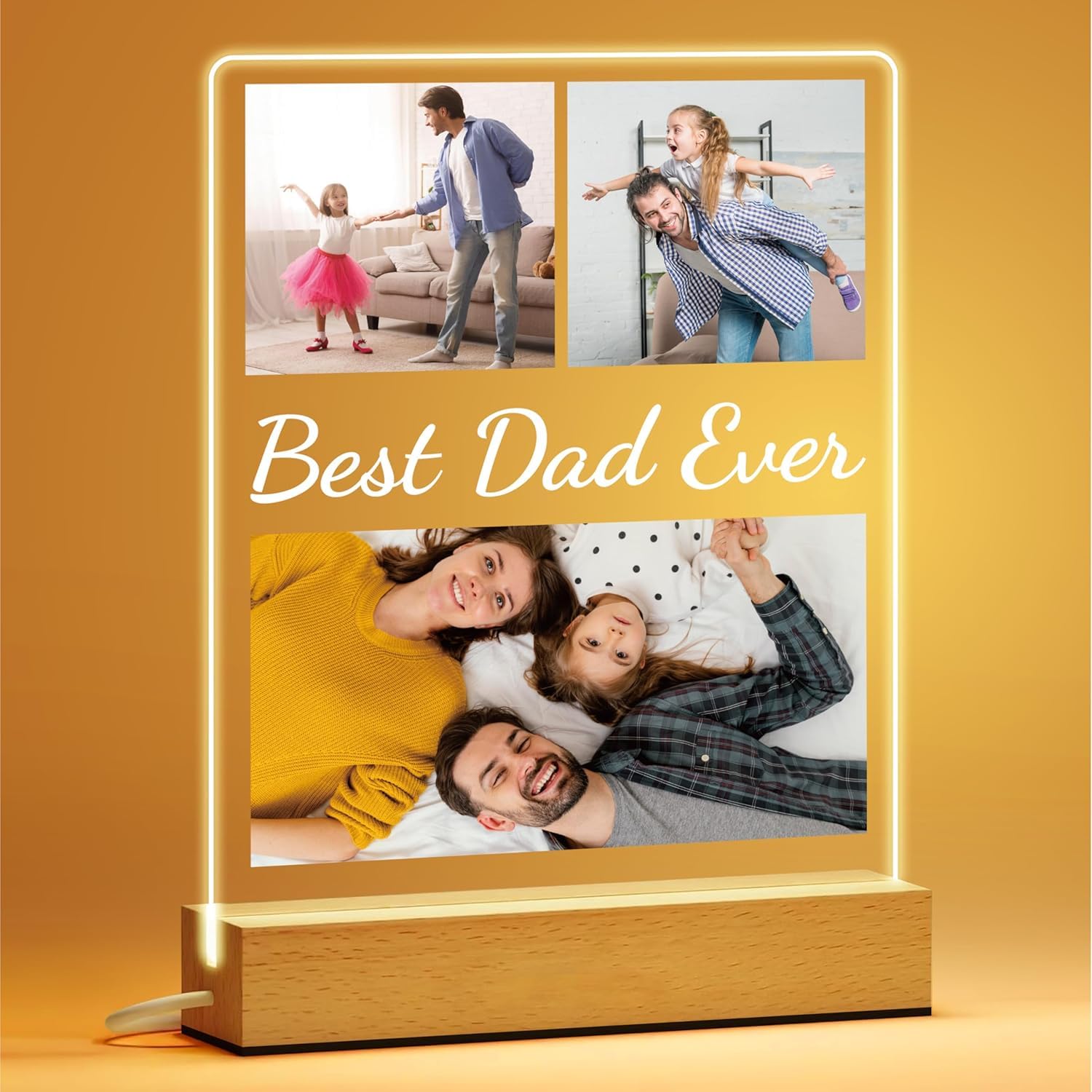 PB TECH Personalised LED Acrylic Photo Plaque for Dad β Custom Fatherβs Day Night Light Gift with Photos & Text β Wooden Base Plaque β Birthday Christmas Gift for Dad from Daughter Son (Design 2)