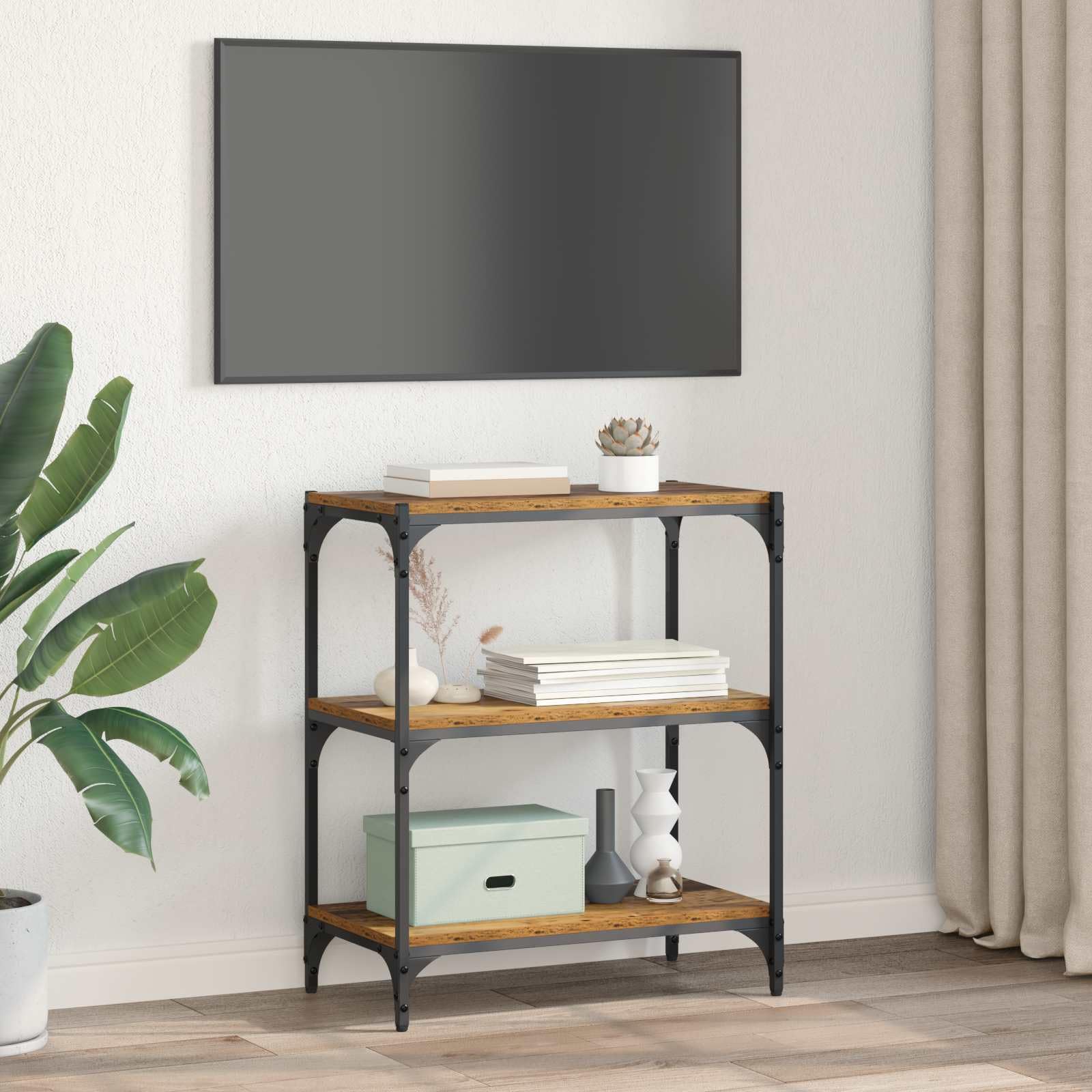 Libreria in legno anticato, 60 x 33 x 70,5 cm, con 3 ripiani, per soggiorno, ufficio e corridoio, robusto design industriale, molto spazio, divisorio da parete e stanza