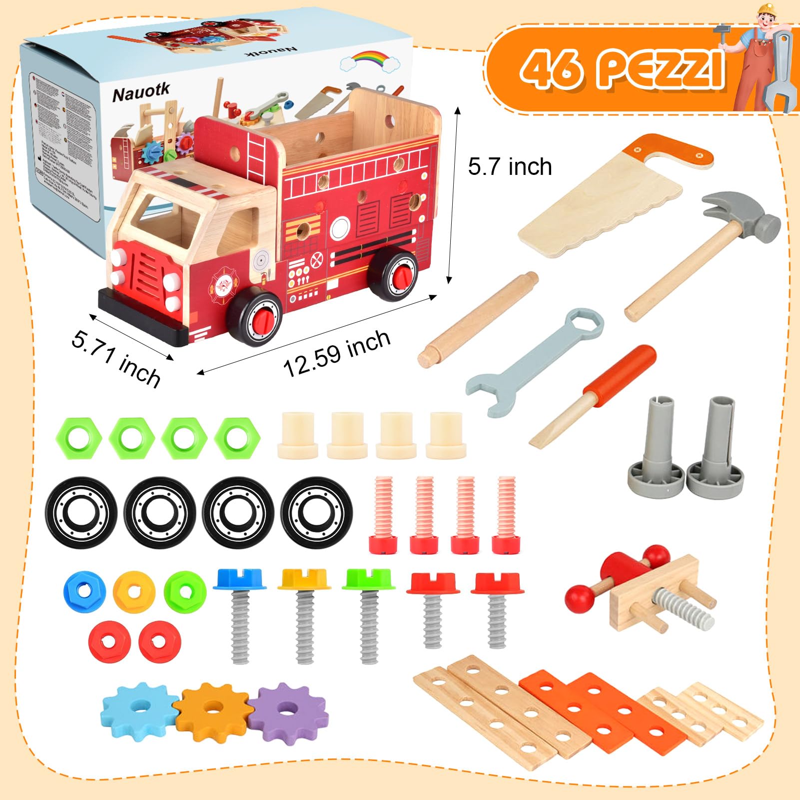 Nauotk Cassetta Attrezzi in Legno, 2 in 1 Camion dei Pompieri con Cassetta Attrezzi Bambini, Attrezzi da Lavoro Giocattolo Bambini,Gioco d’Imitazione, Giocattoli Montessori Ragazzo Ragazza 2 3 4 Anni