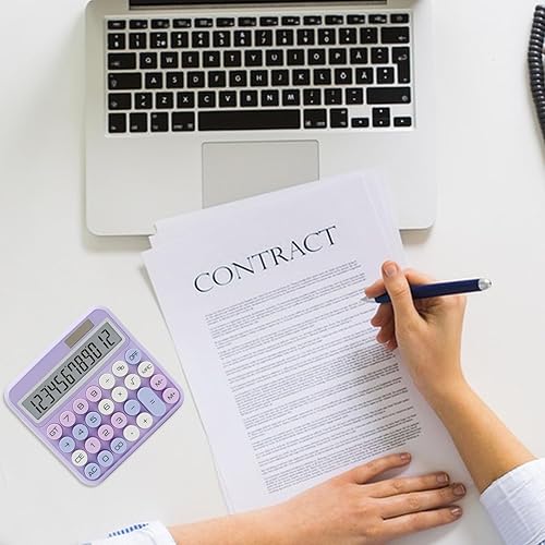 Miniatura 6 de Calculadora morada, 12 dígitos con pantalla LCD grande y botones grandes, accesorios de oficina morados para escritorio de mujer, bonita calculadora