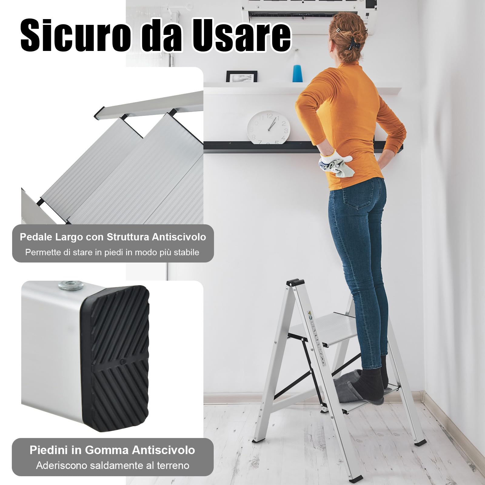 COSTWAY Scala Pieghevole in Alluminio a 2 Gradini, Scaletta Salvaspazio con Fibbia di Sicurezza, Ampi Pedali e Piedini Antiscivolo, Telaio in Alluminio Robusto e Leggero, Portata 150kg