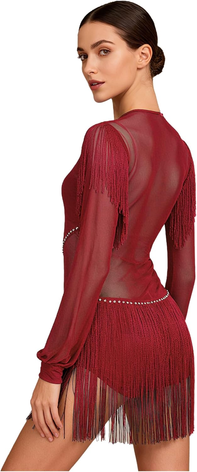 Yhong Women's Long Sleeve Latin Ballet Leotard Fringe Gymnastics Bodysuit Figure Skating Costume Unitard