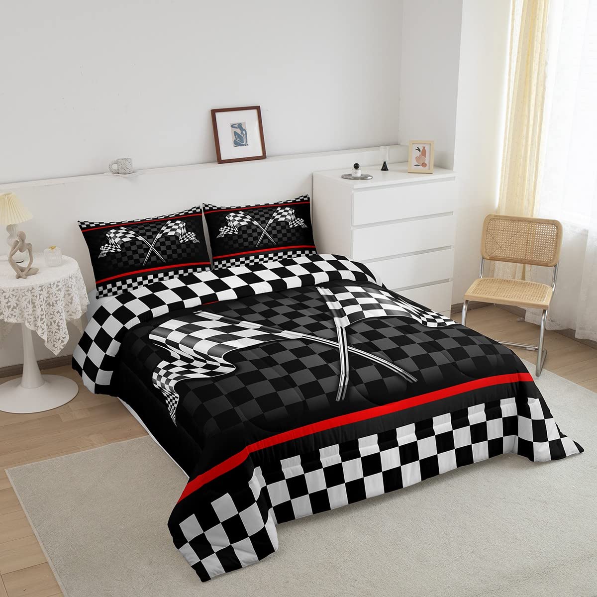 Racing Car Kids Comforter Set Queen Size,Boys Girls Adults Bedroom/Gamer Decor,Flags Checkered Grids Geometric Down Comforter,Modern Sports Stylish Bedding Set,Black White Duvet Insert,2 Pillowcases