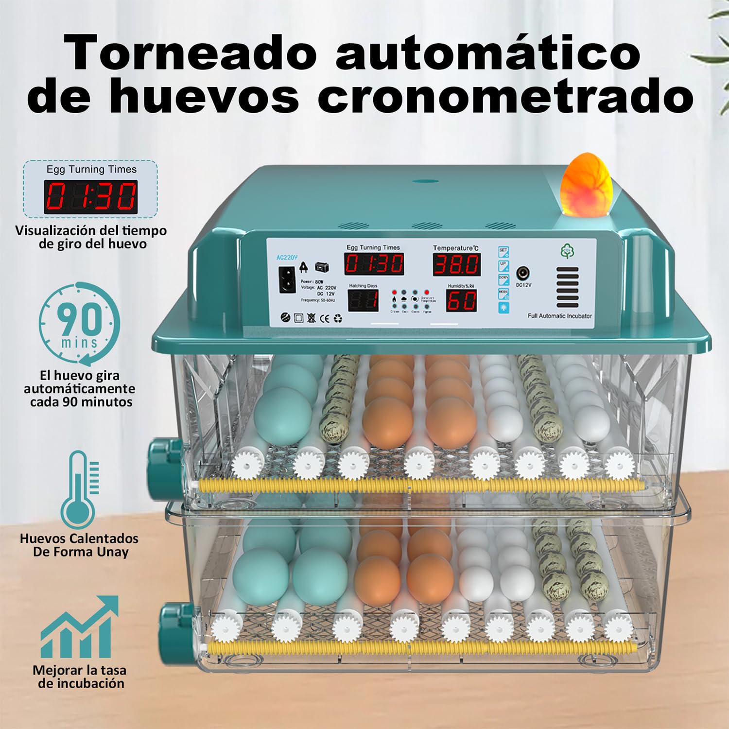 Incubadora de Huevos 120 Unidades, Incubadoras de Huevos Automaticas con 4 Modos de Incubación, Relleno de Agua Automático, Pantalla de Temperatura y Humedad, Incubadora Huevos Gallina para Volaille