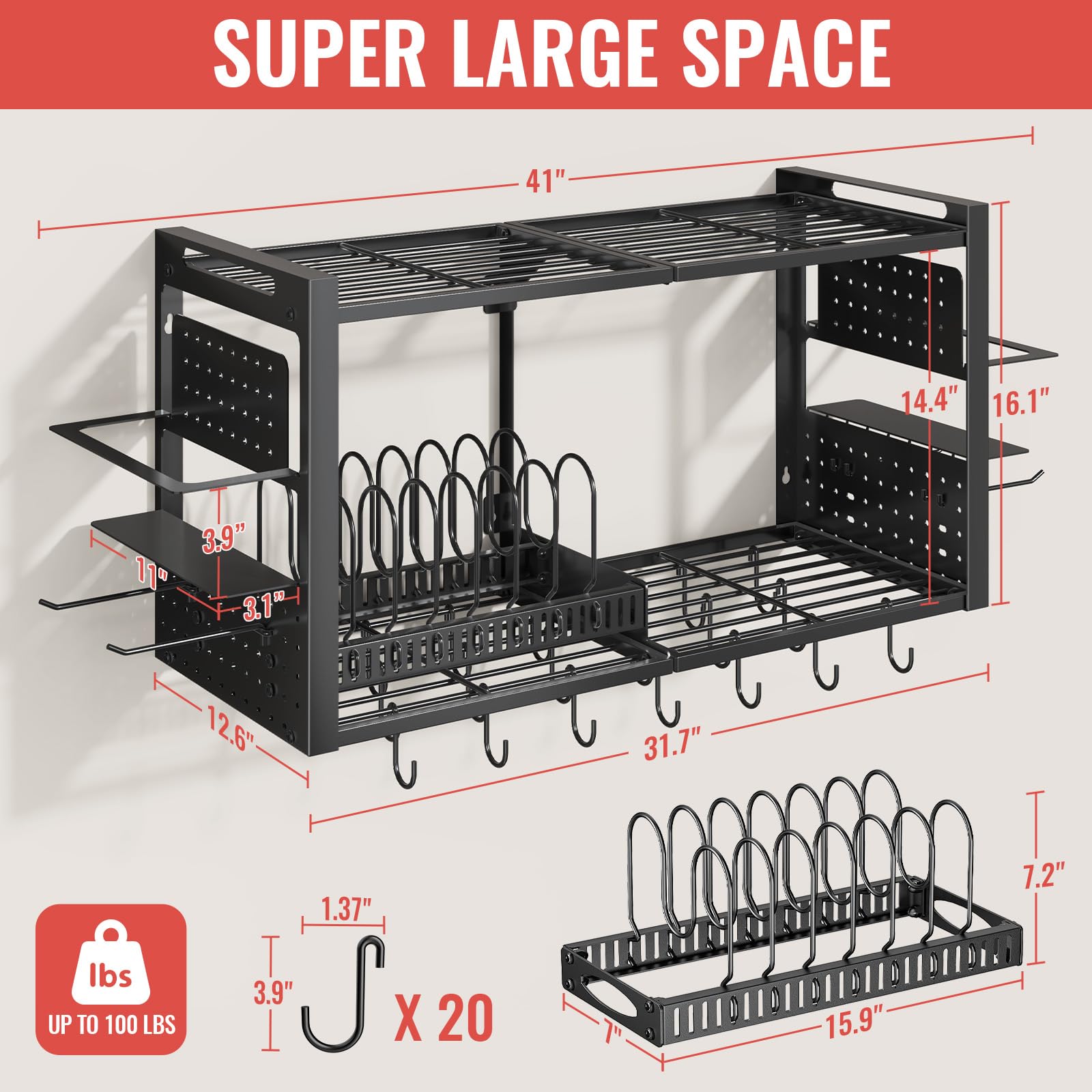 31 Inch Deep Storage Rack Snapklik.com : 31 Inch Pot Rack Wall Mounted3 In 1 Pots And Pans Organizer